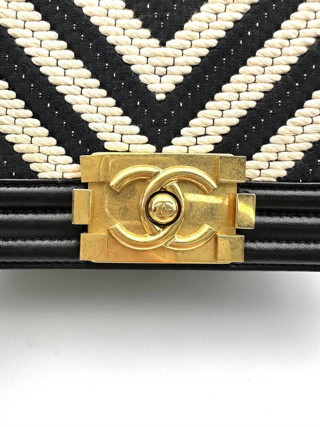 Chanel LeBoy Black/White Fabric Chevron Small Size Flap Bag With Gold Buckle(23***19) IRIS174