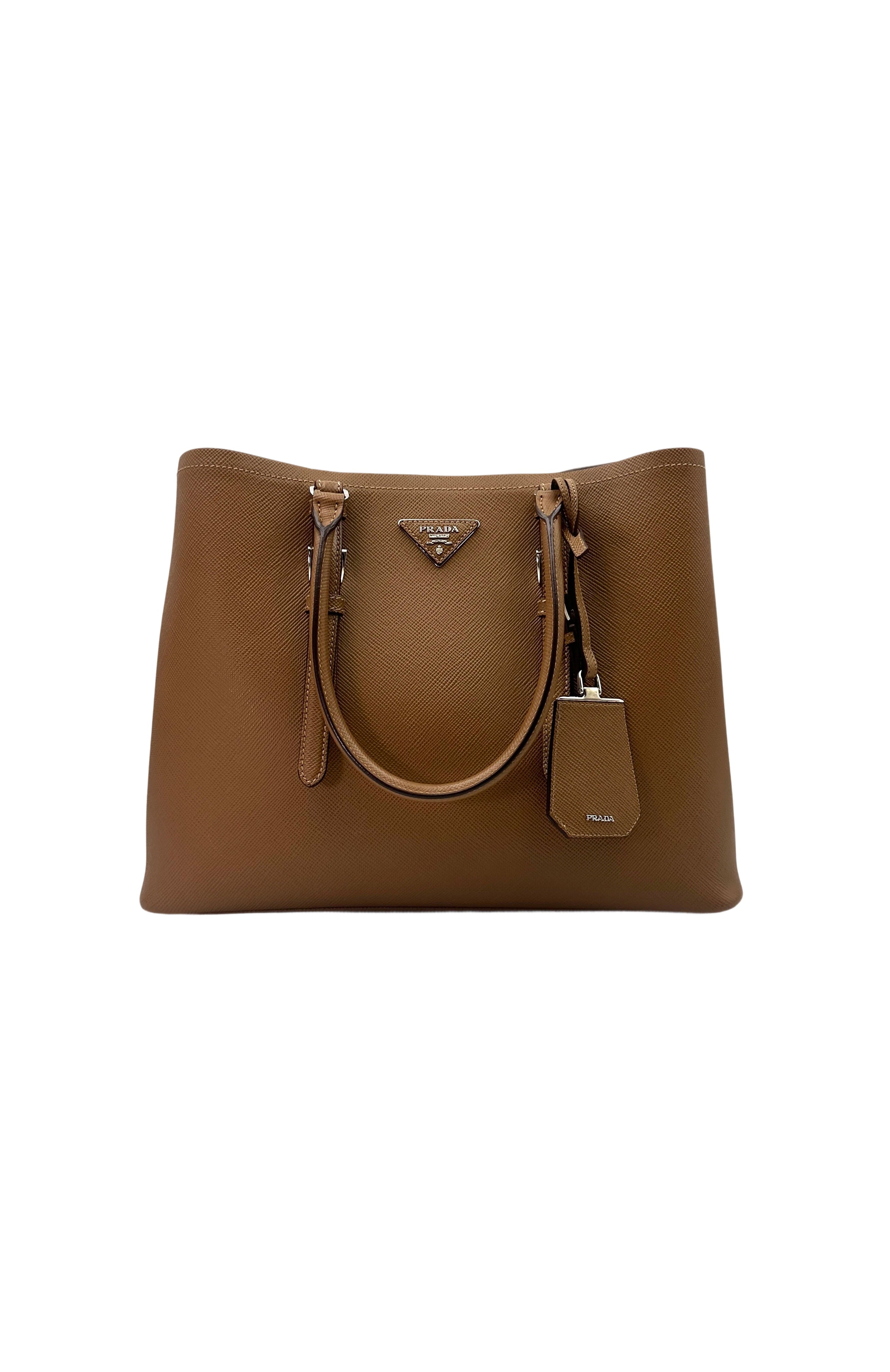 Prada Brown Saffiano Cuir Leather Double Tote Bag PR274