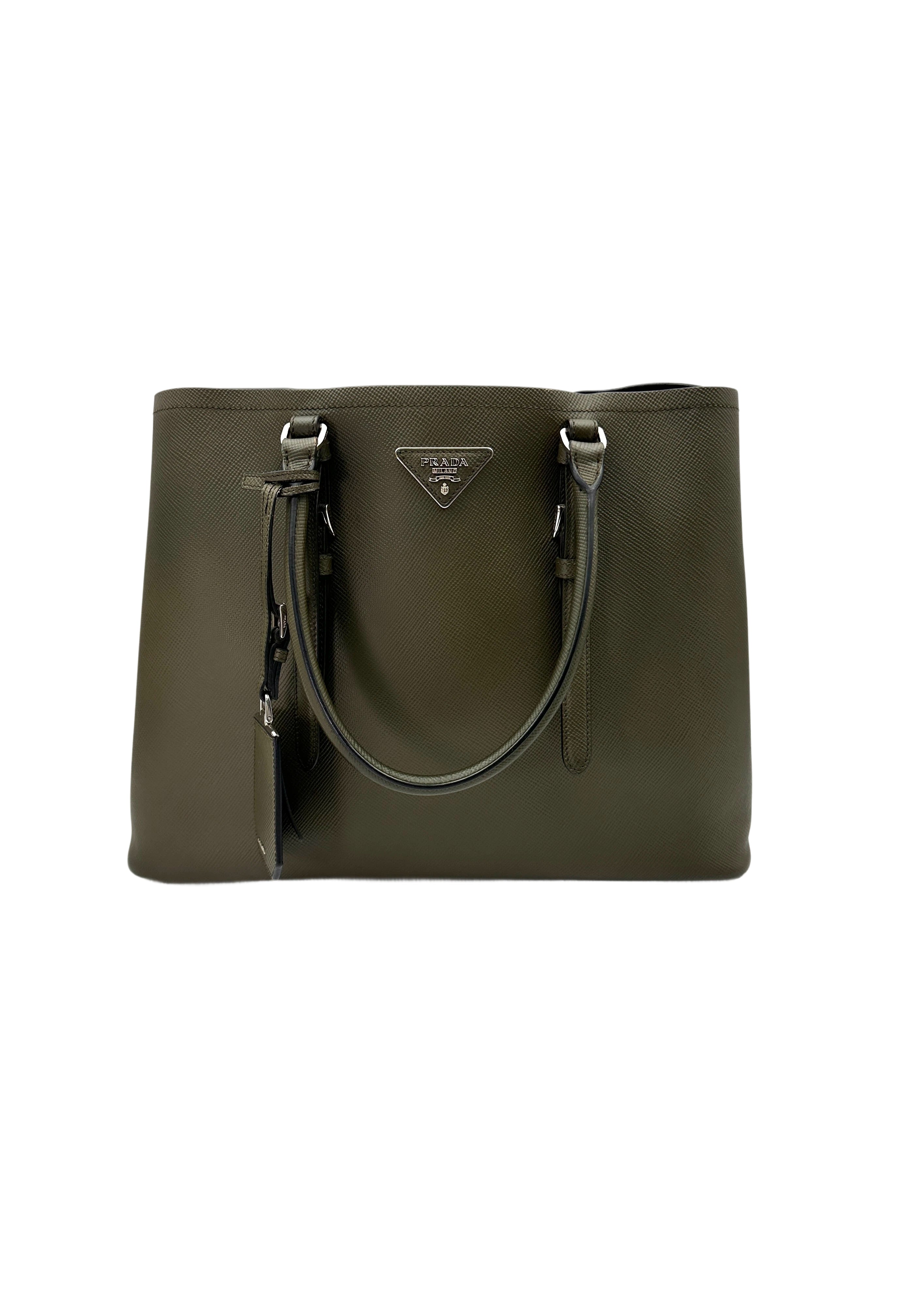 Prada Double Dark Green Saffiano Cuir Leather Handle Bag PR276