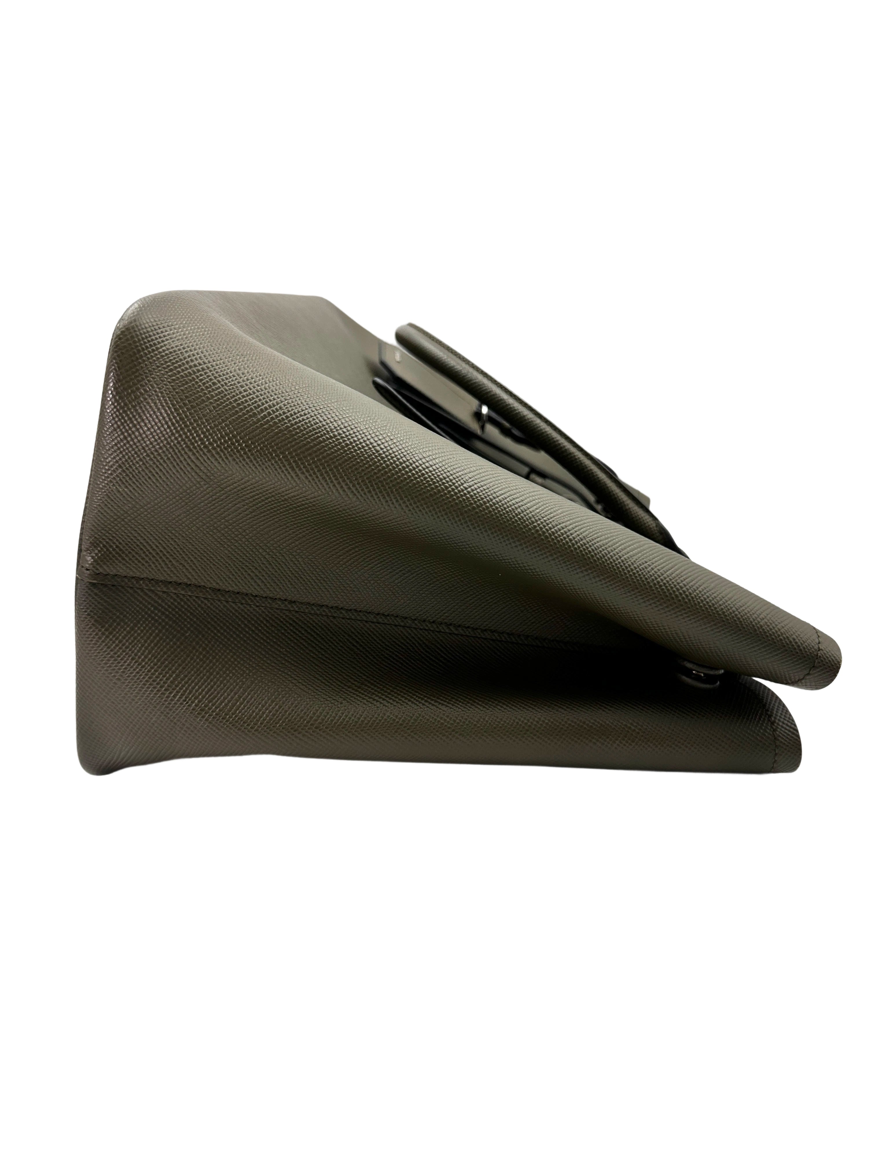 Prada Double Dark Green Saffiano Cuir Leather Handle Bag PR276
