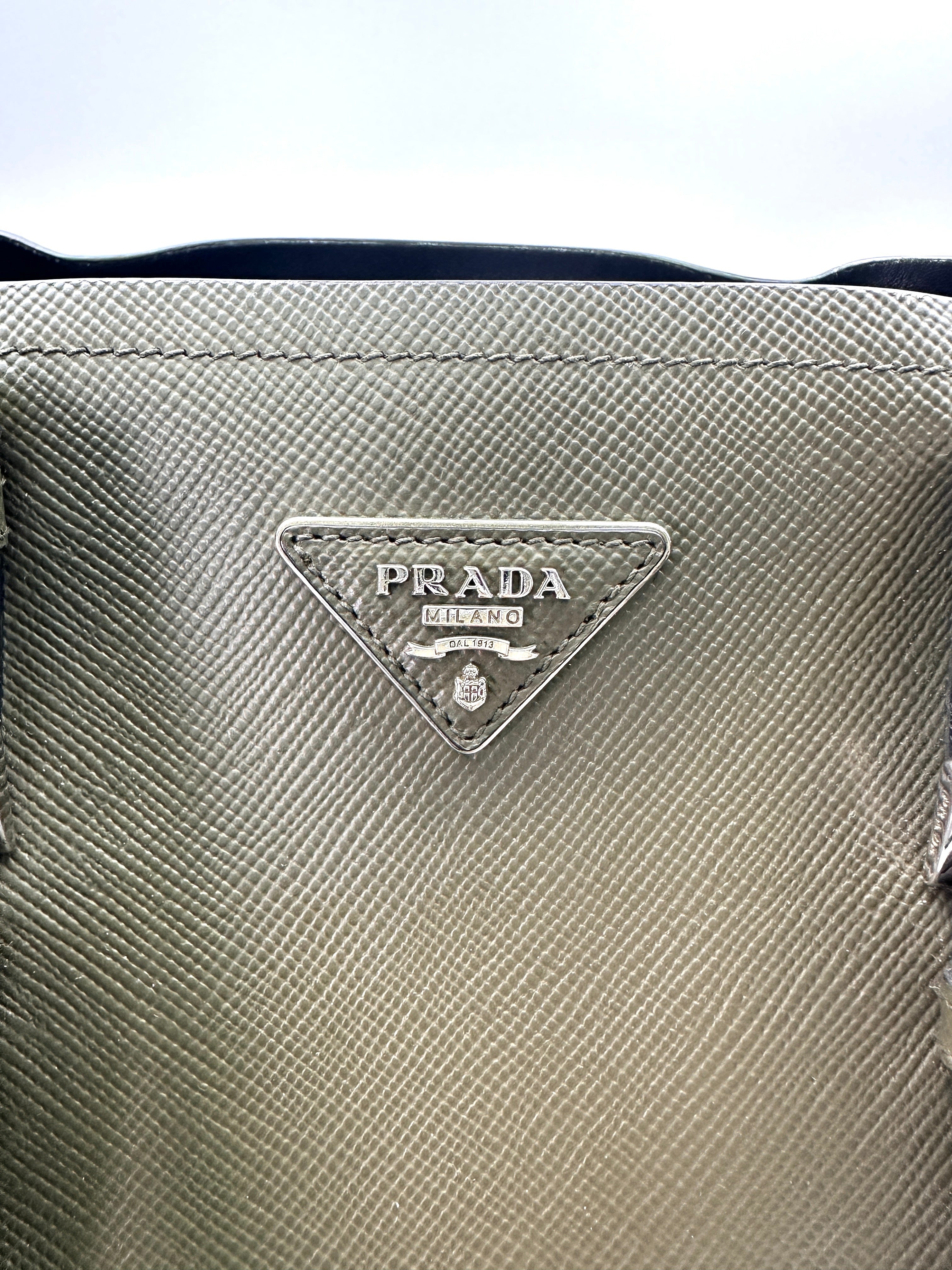 Prada Double Dark Green Saffiano Cuir Leather Handle Bag PR276