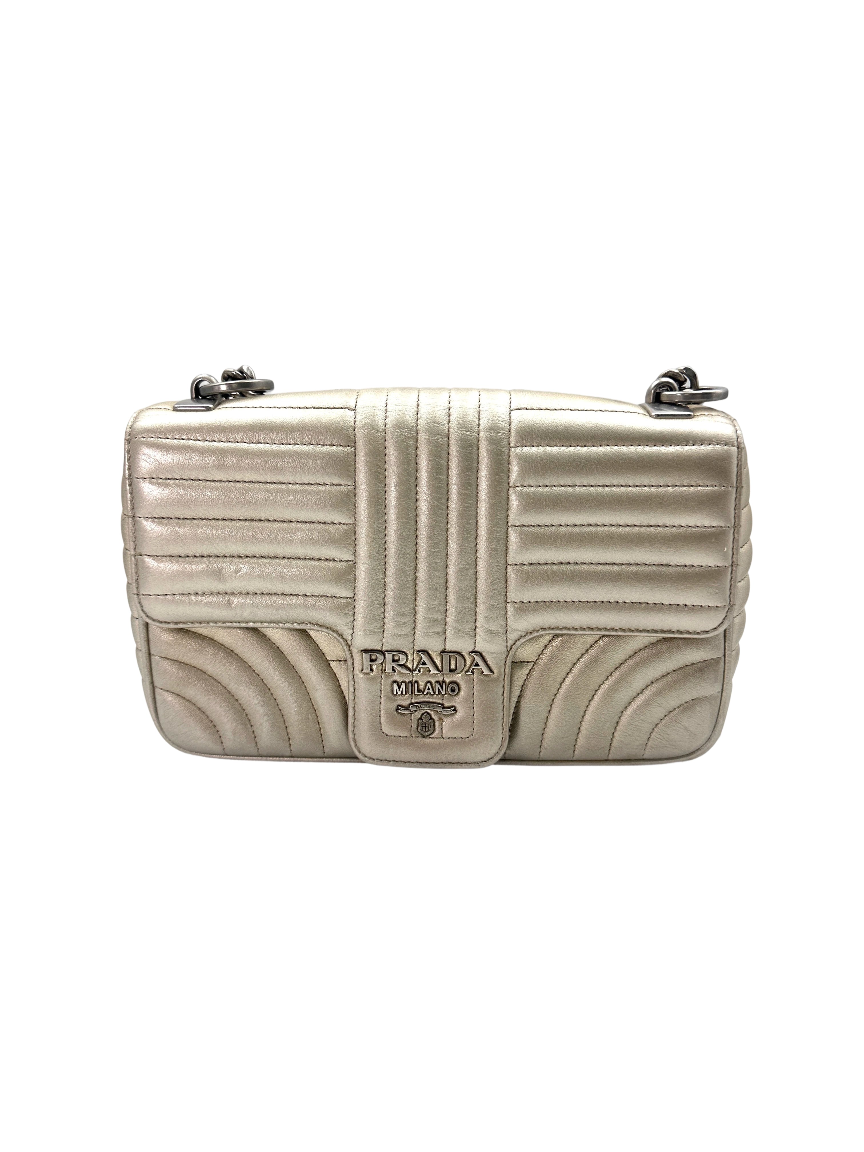 Prada Diagramme Silver Quilted Leather Shoulder Bag PR277