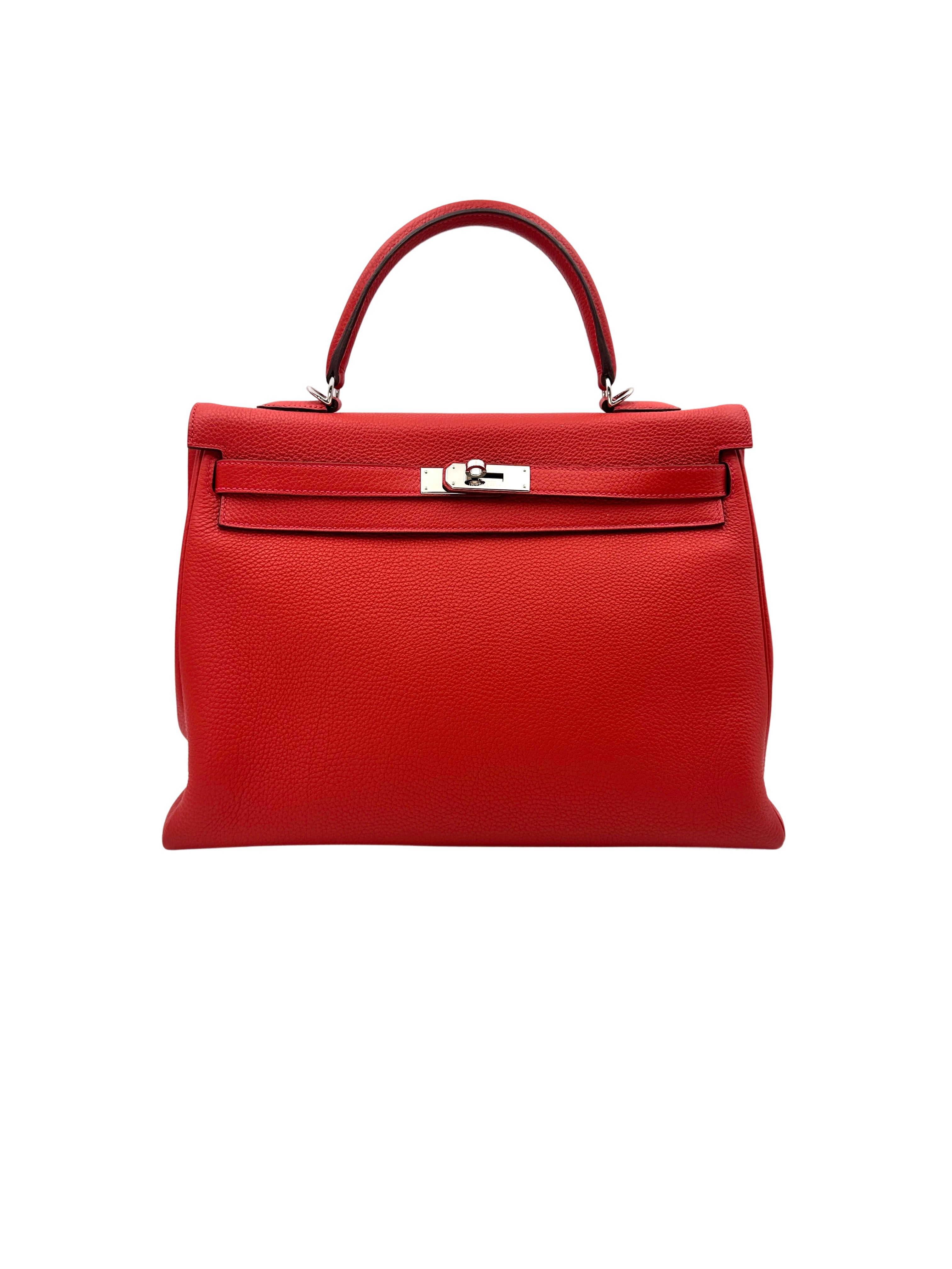 Hermes Kelly 35 Red Leather Handle Bag With Silver Hardware HR101