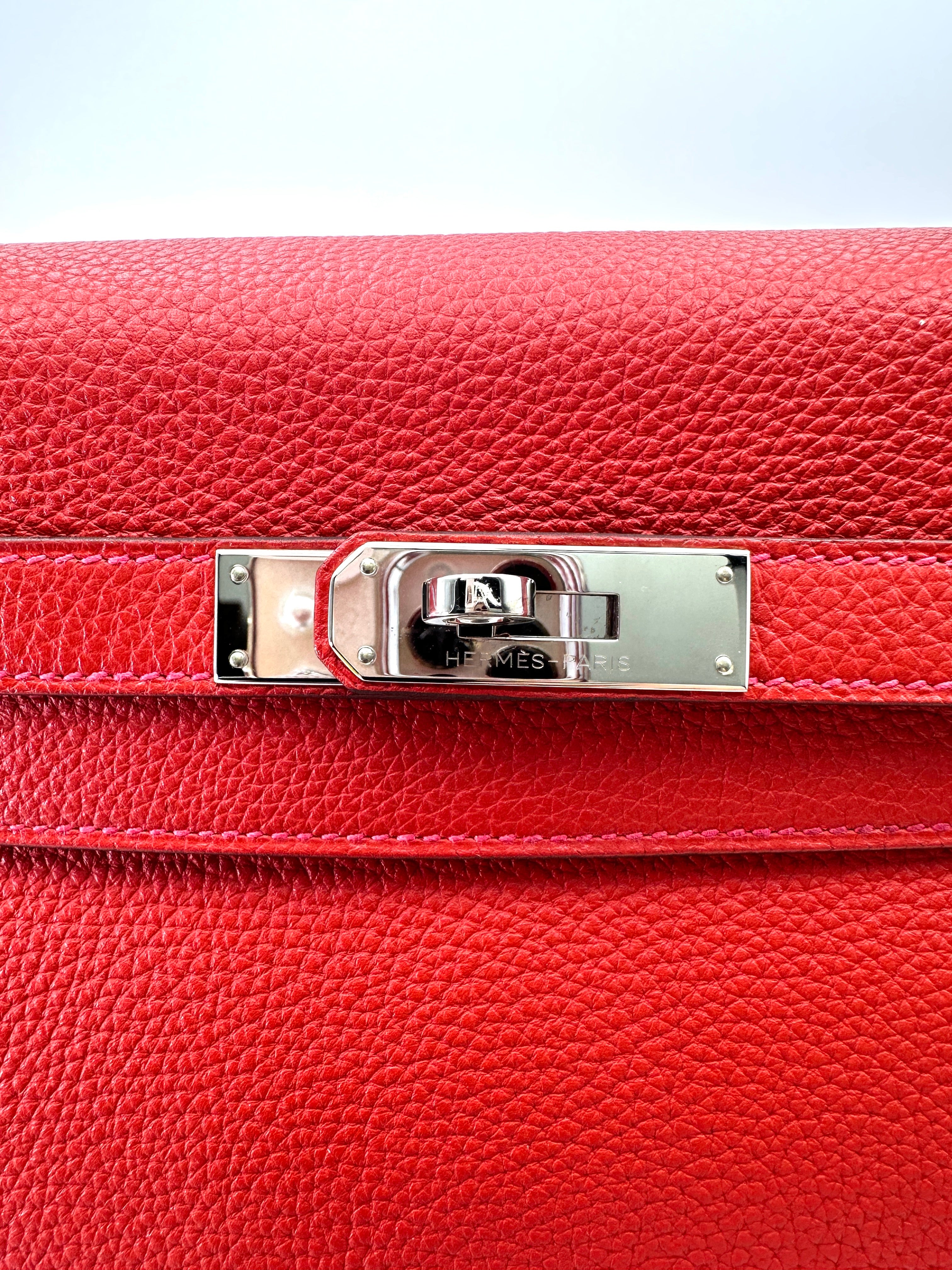 Hermes Kelly 35 Red Leather Handle Bag With Silver Hardware HR101