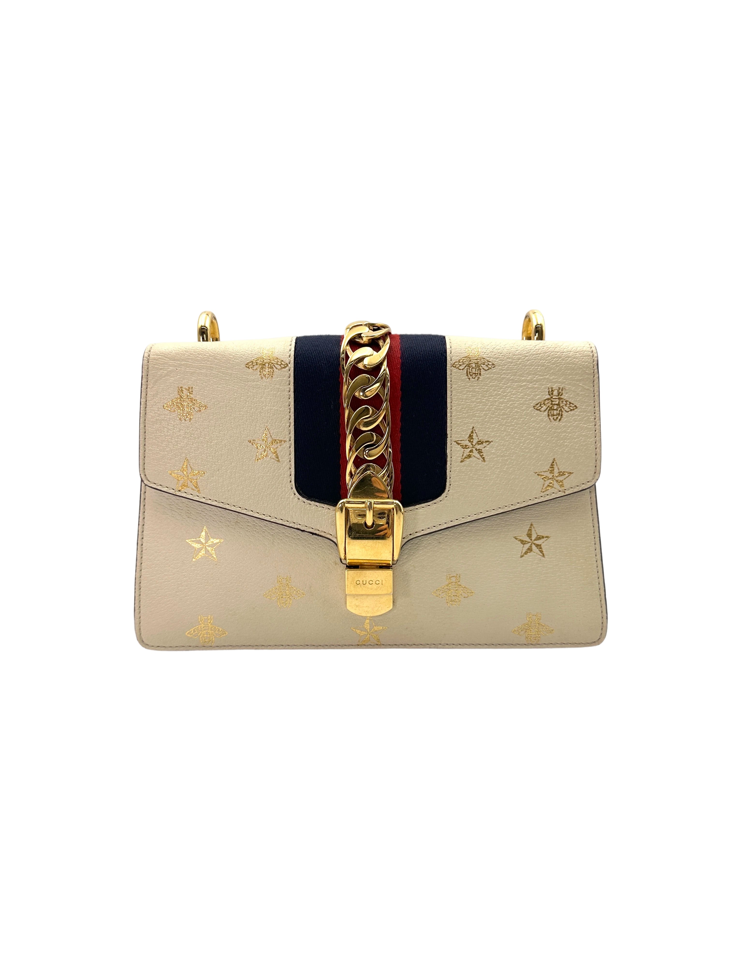 Gucci Sylvie Bee Star White Leather Shoulder Bag GG861