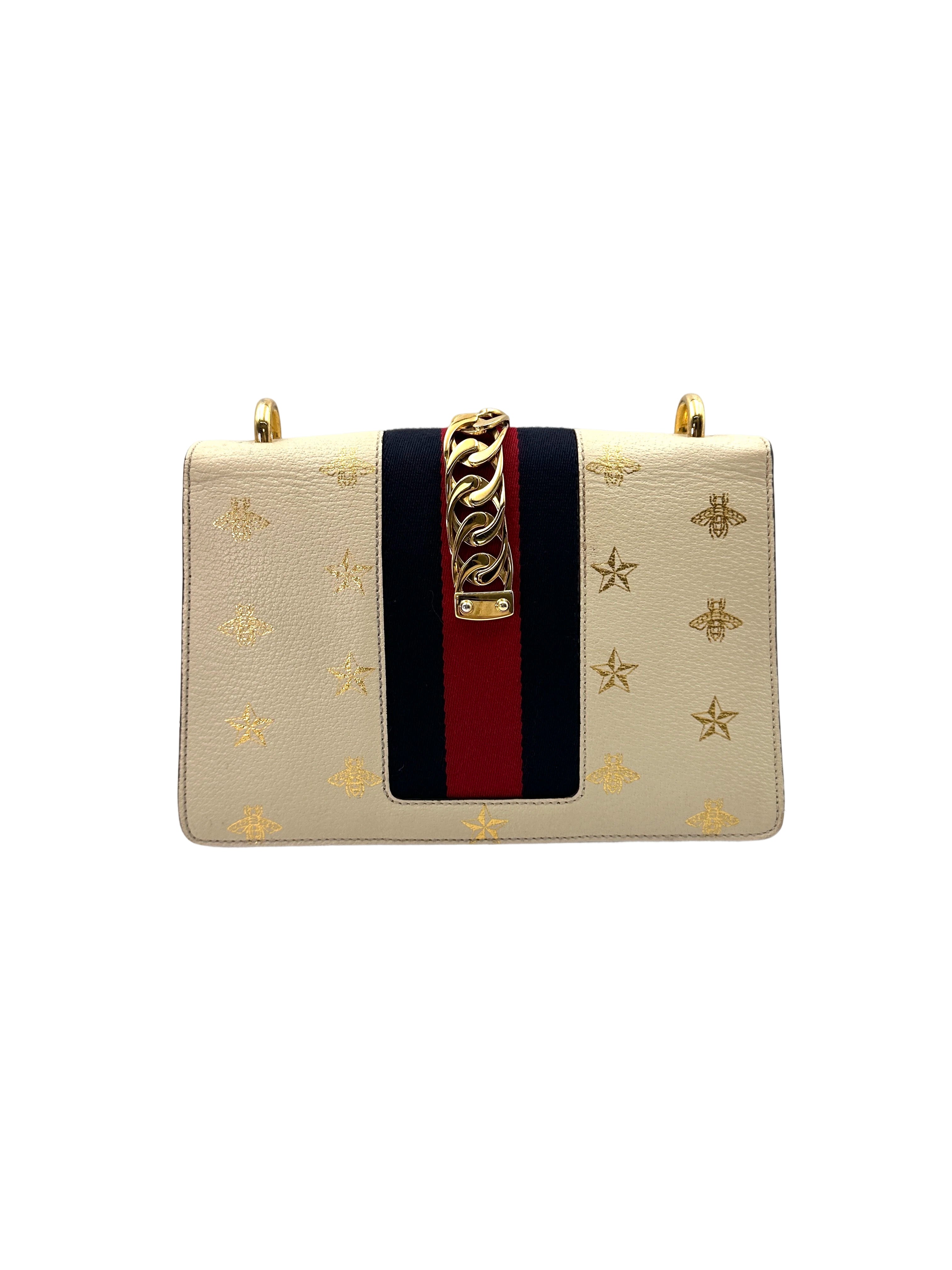 Gucci Sylvie Bee Star White Leather Shoulder Bag GG861