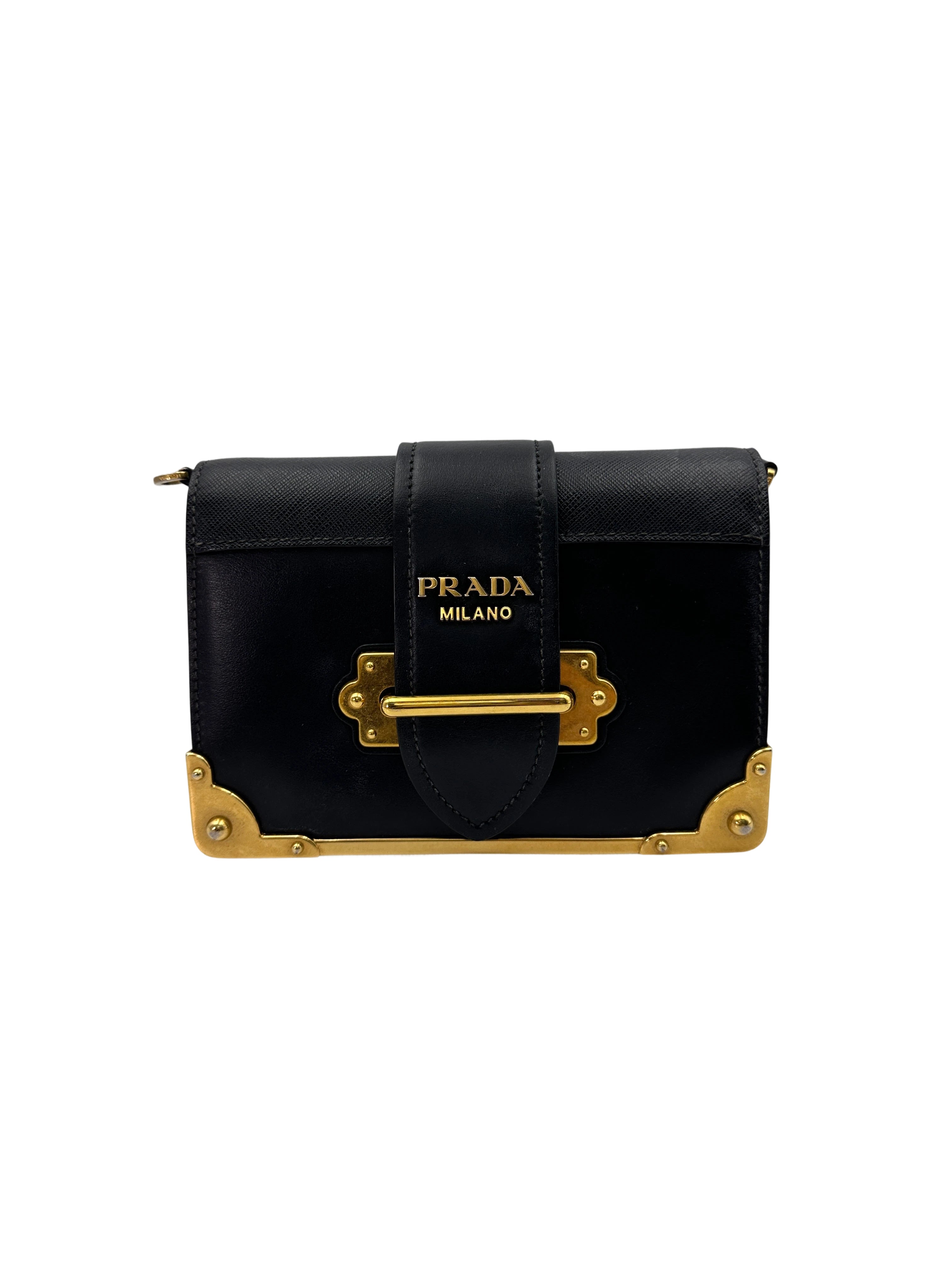 Prada Cahier Black Saffiano Leather Shoulder Bag With Gold Hardware PR280