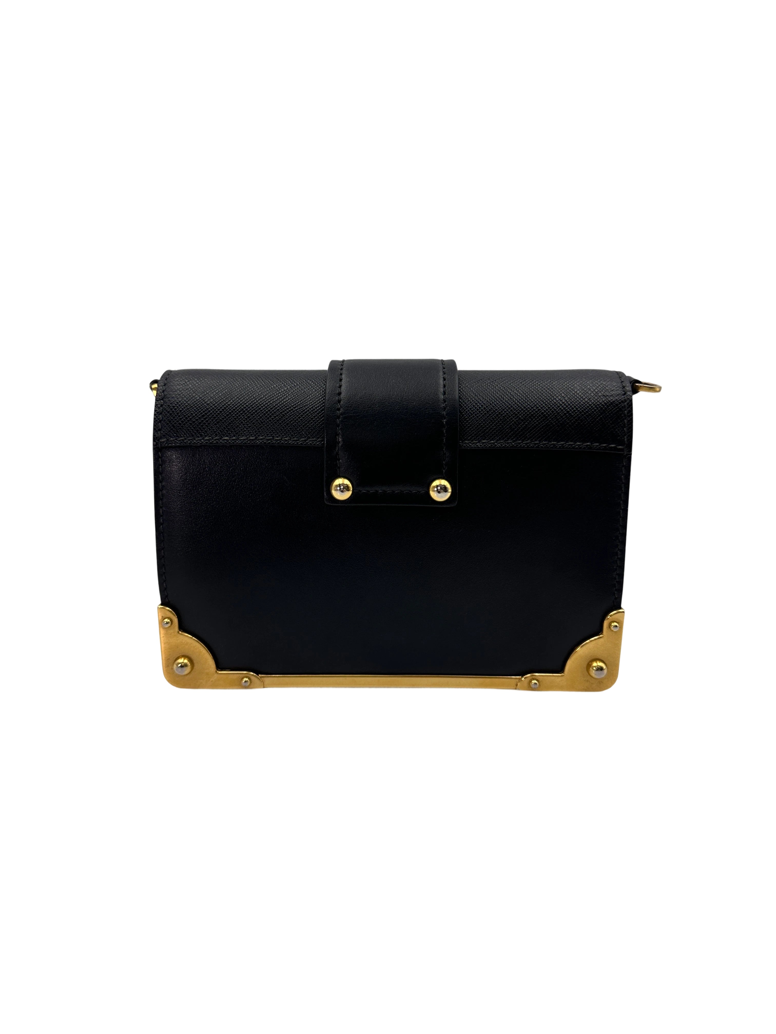 Prada Cahier Black Saffiano Leather Shoulder Bag With Gold Hardware PR280