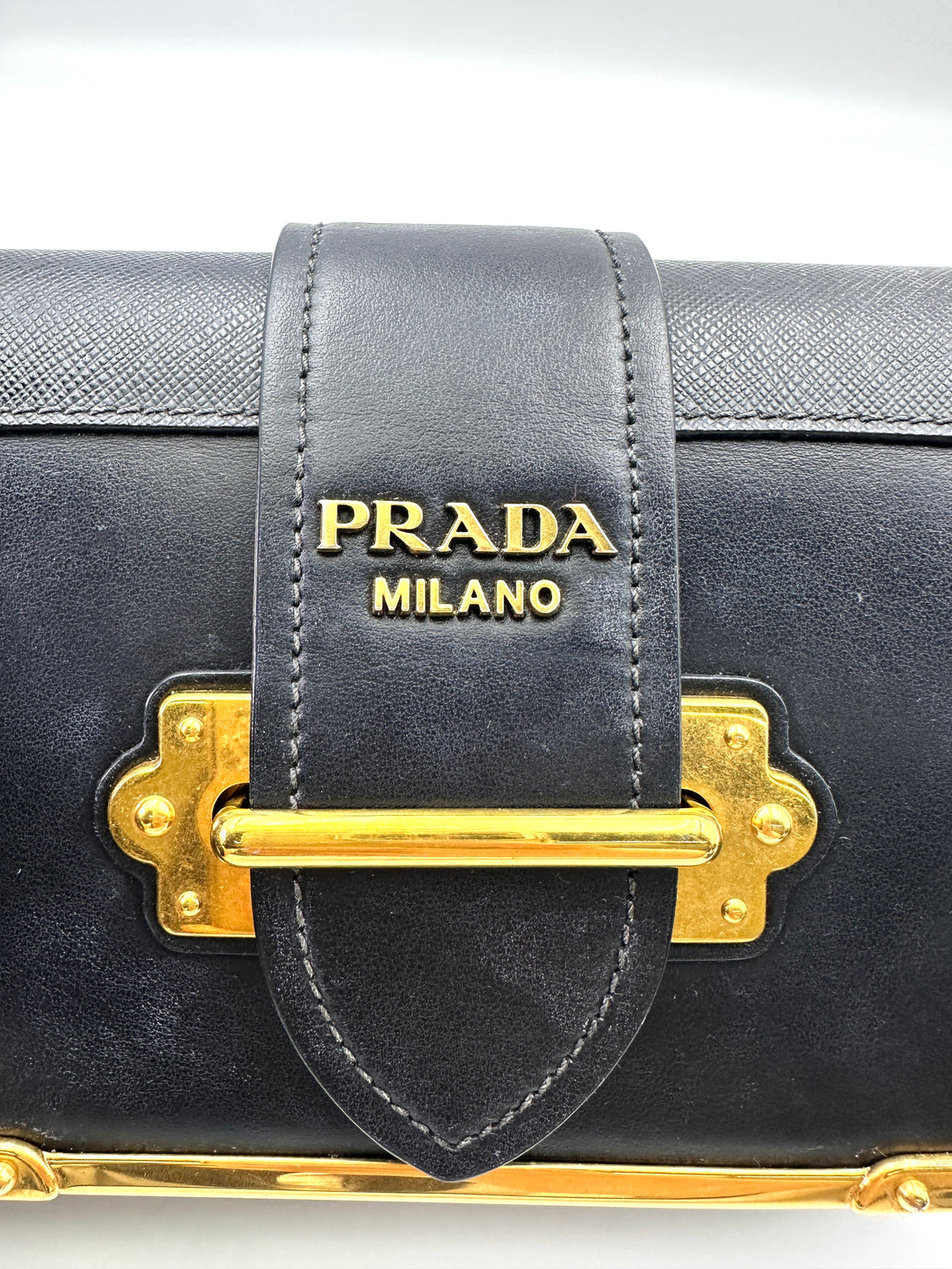 Prada Cahier Black Saffiano Leather Shoulder Bag With Gold Hardware PR280