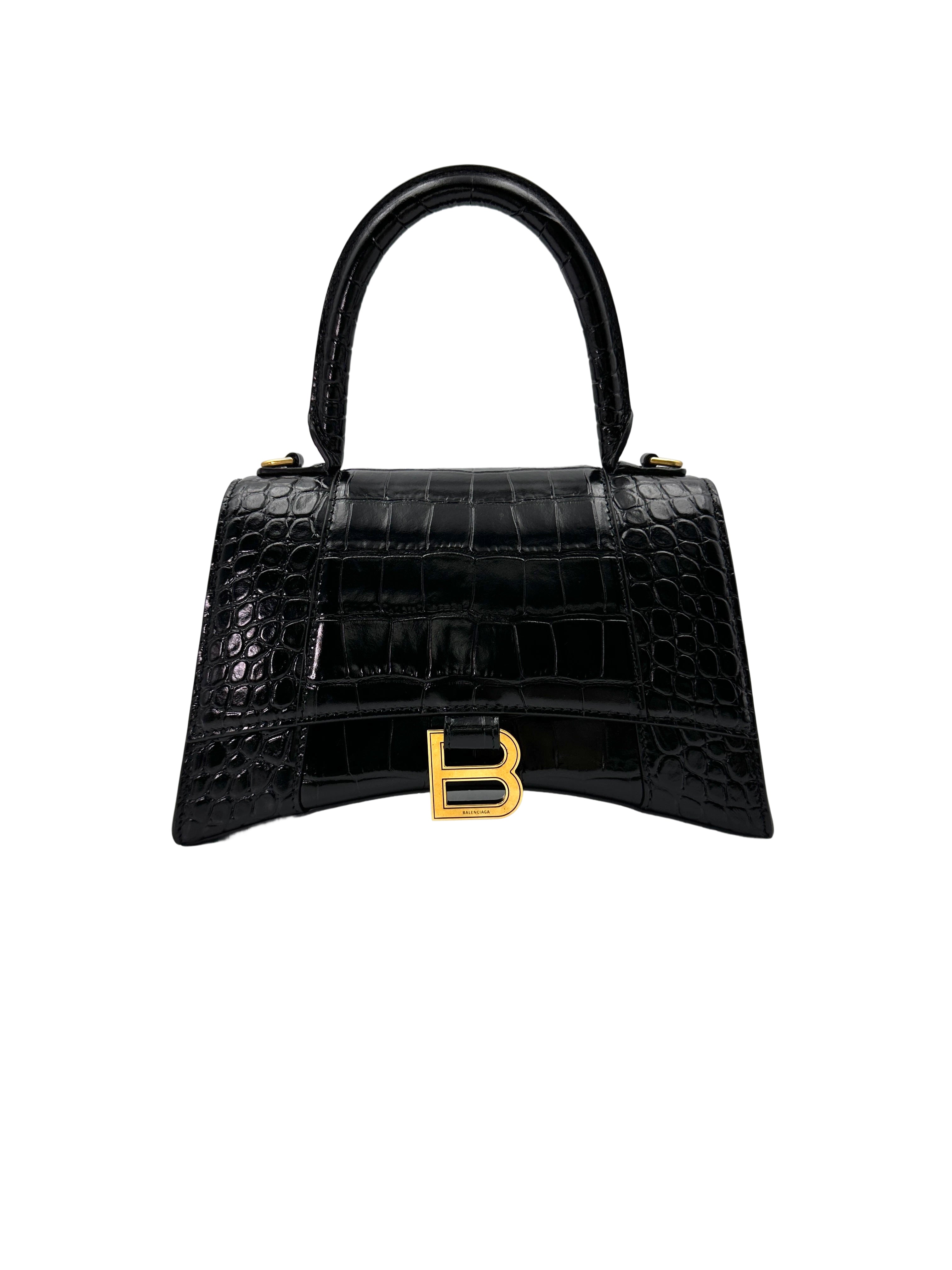 Balenciga Hourglass Black Crocodile Embossed Handle Bag BB65