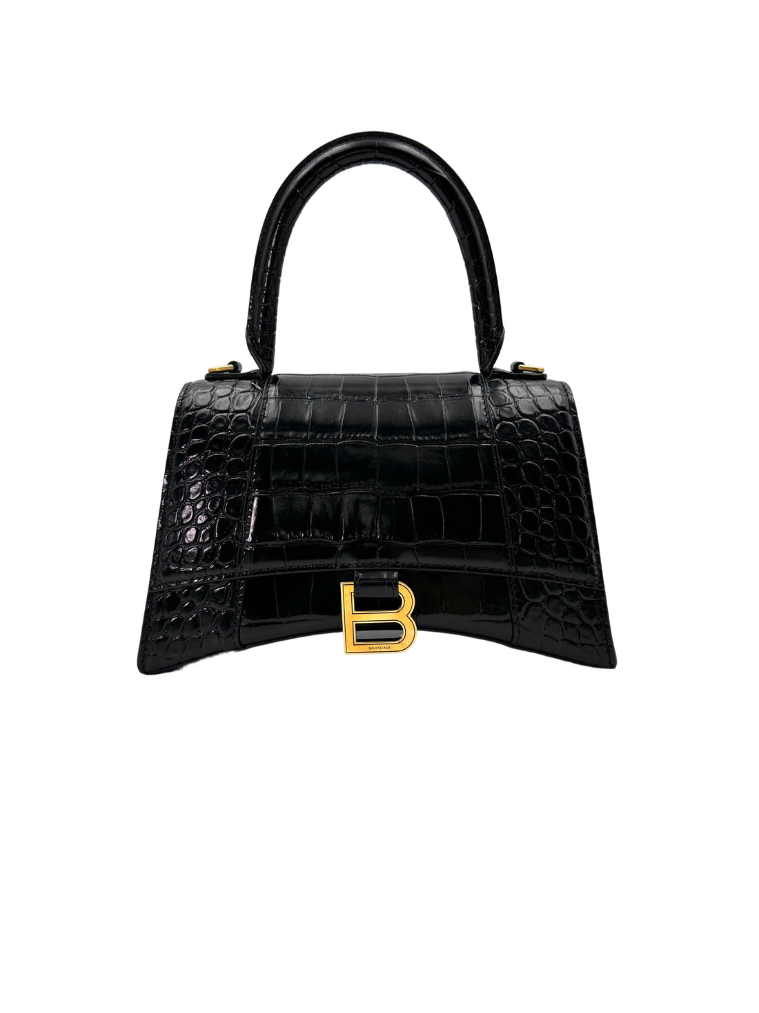Balenciga Hourglass Black Crocodile Embossed Handle Bag BB65