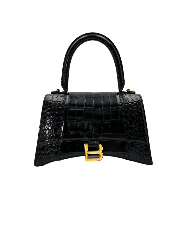 Balenciga Hourglass Black Crocodile Embossed Handle Bag BB65
