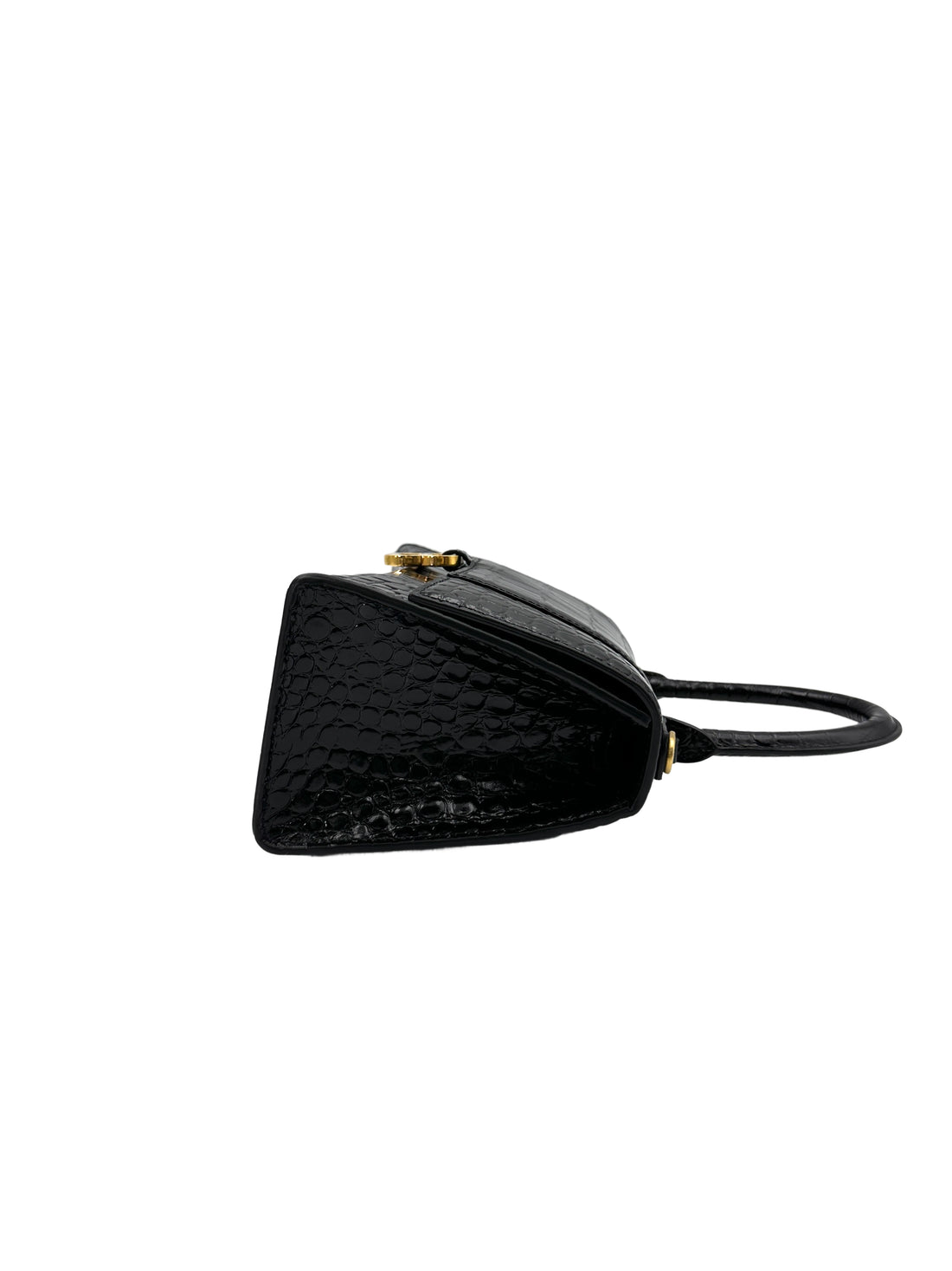 Balenciga Hourglass Black Crocodile Embossed Handle Bag BB65
