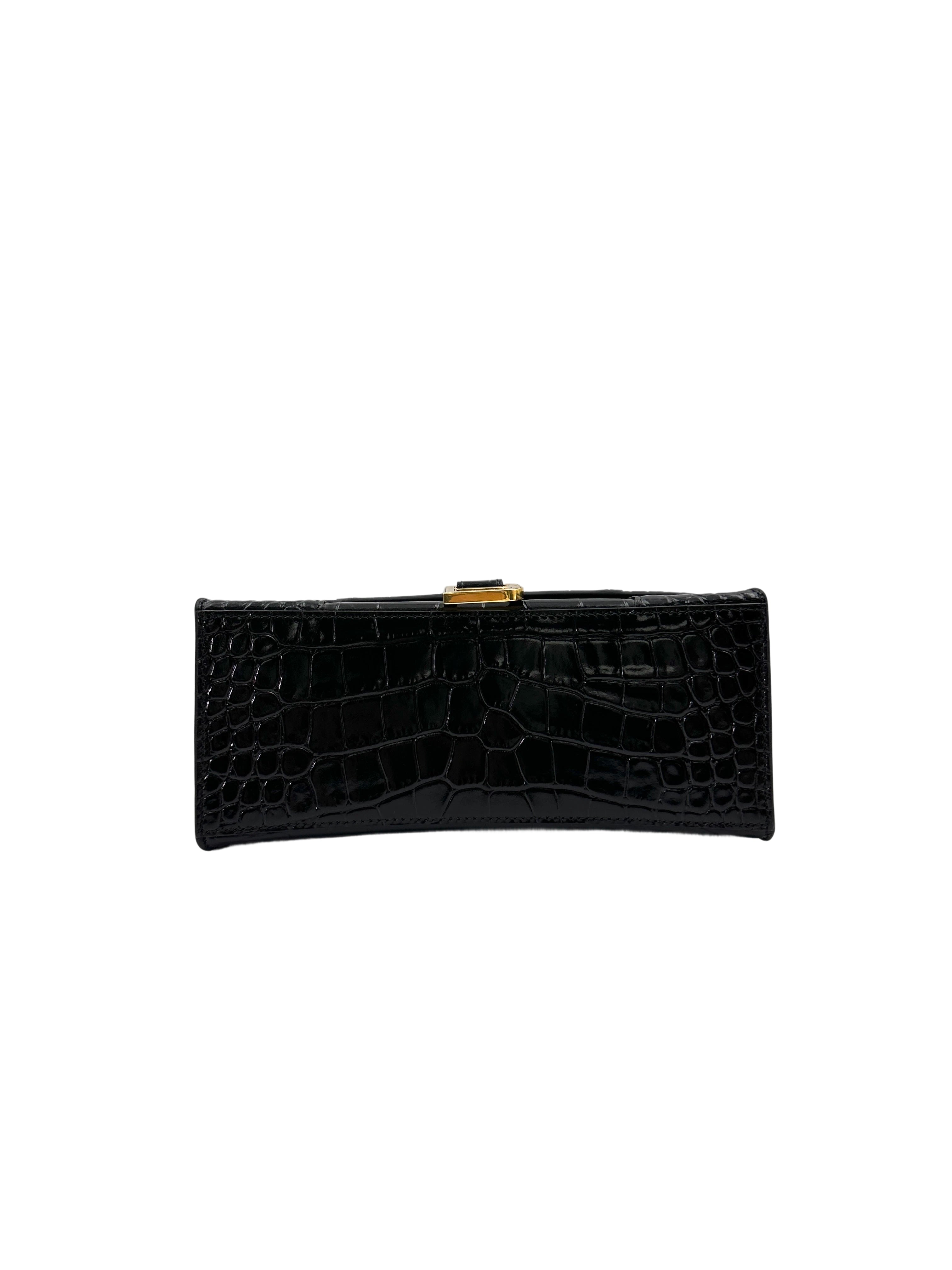Balenciga Hourglass Black Crocodile Embossed Handle Bag BB65