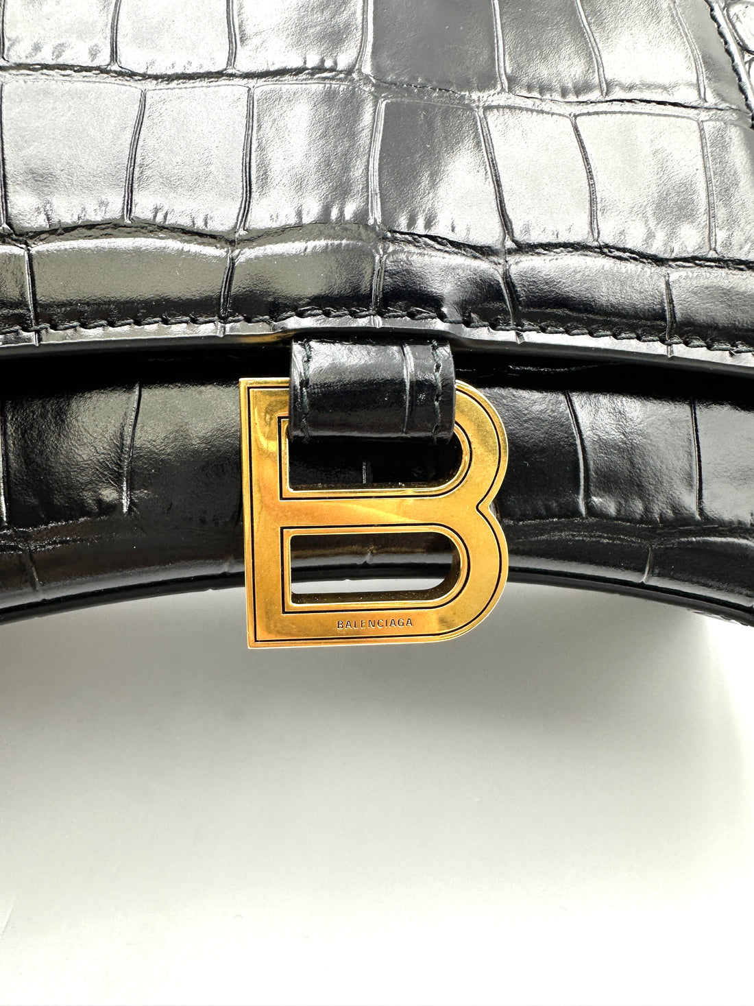 Balenciga Hourglass Black Crocodile Embossed Handle Bag BB65