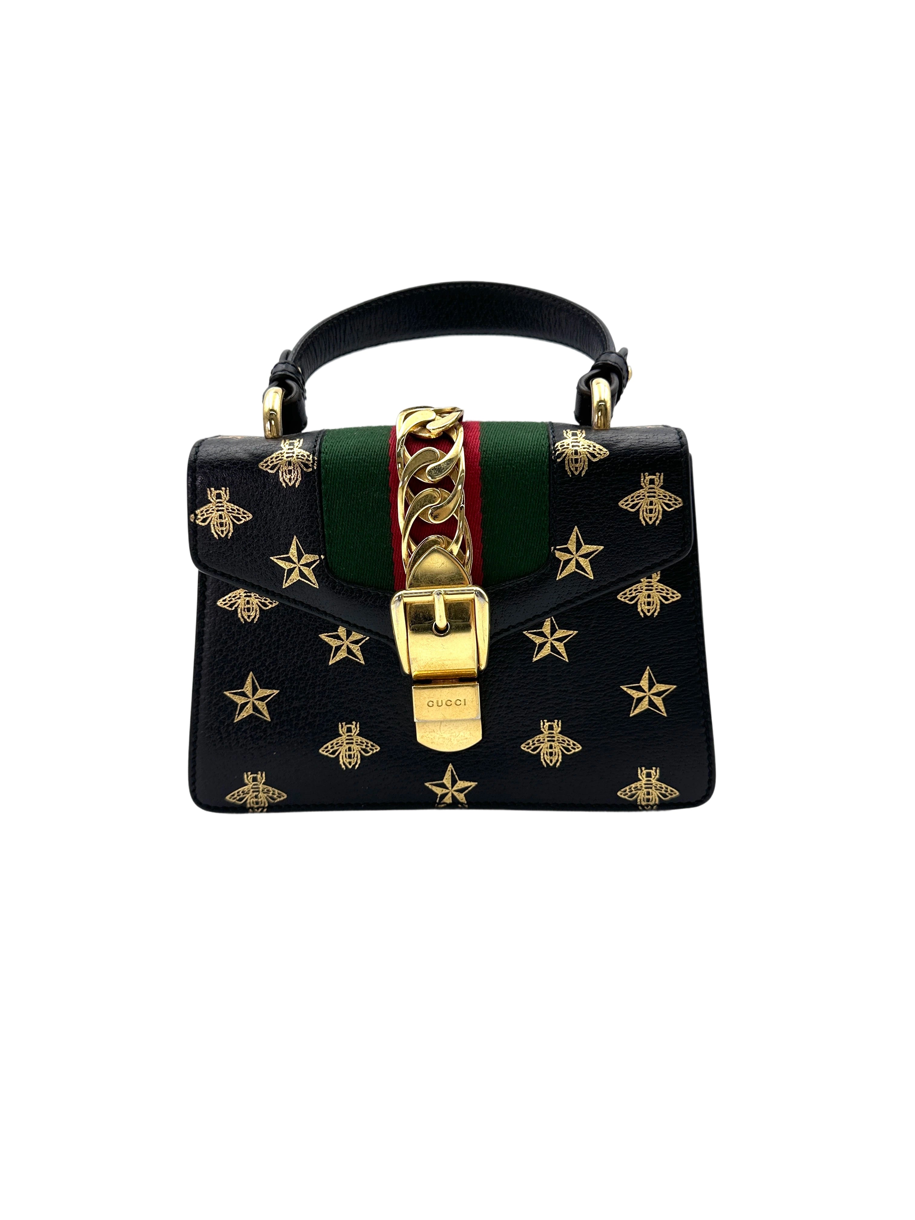 Gucci Sylvie Bee Star Black Leather Small Size Shoulder Bag IRIS180
