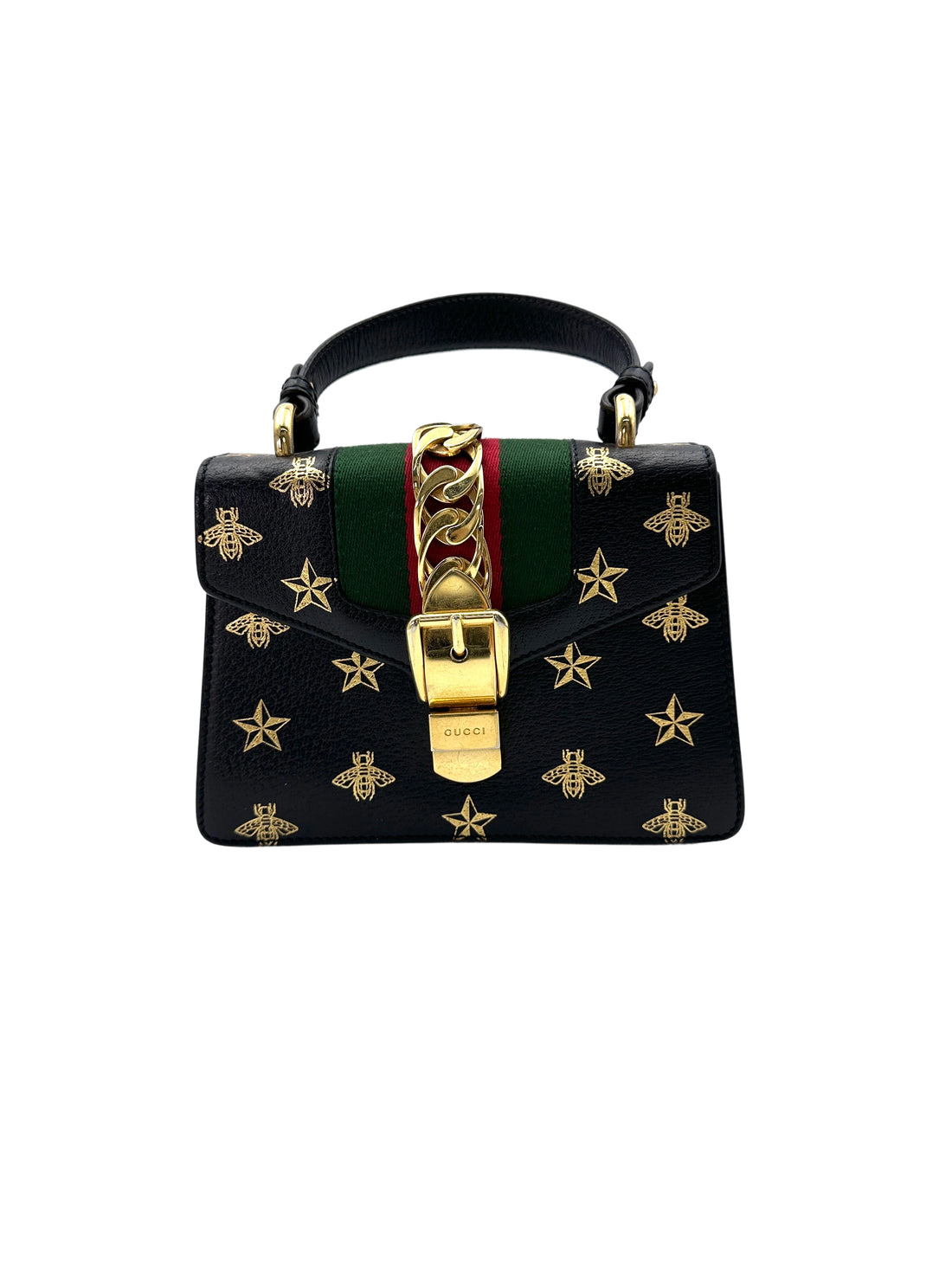 Gucci Sylvie Bee Star Black Leather Small Size Shoulder Bag IRIS180