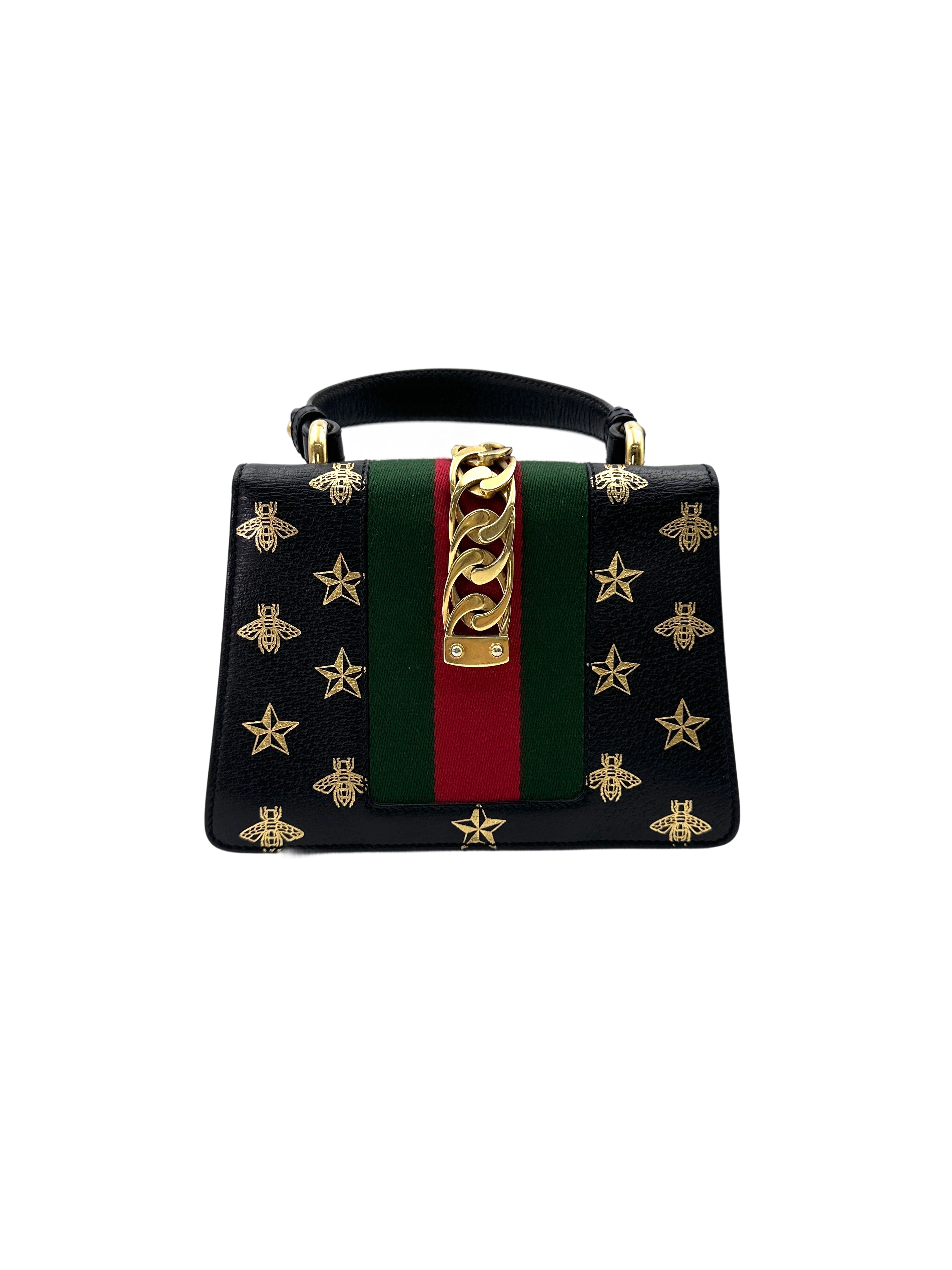 Gucci Sylvie Bee Star Black Leather Small Size Shoulder Bag IRIS180