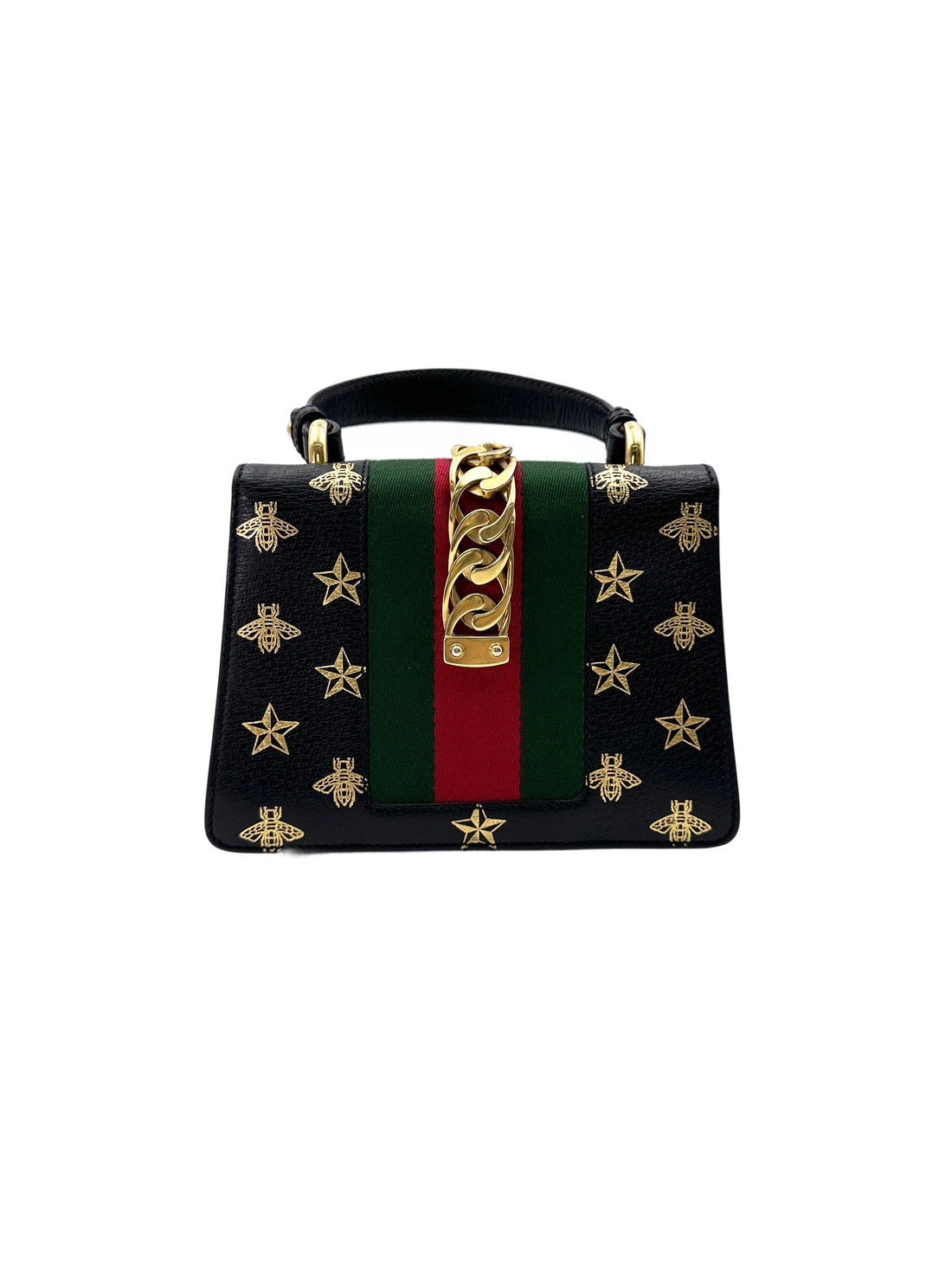 Gucci Sylvie Bee Star Black Leather Small Size Shoulder Bag IRIS180
