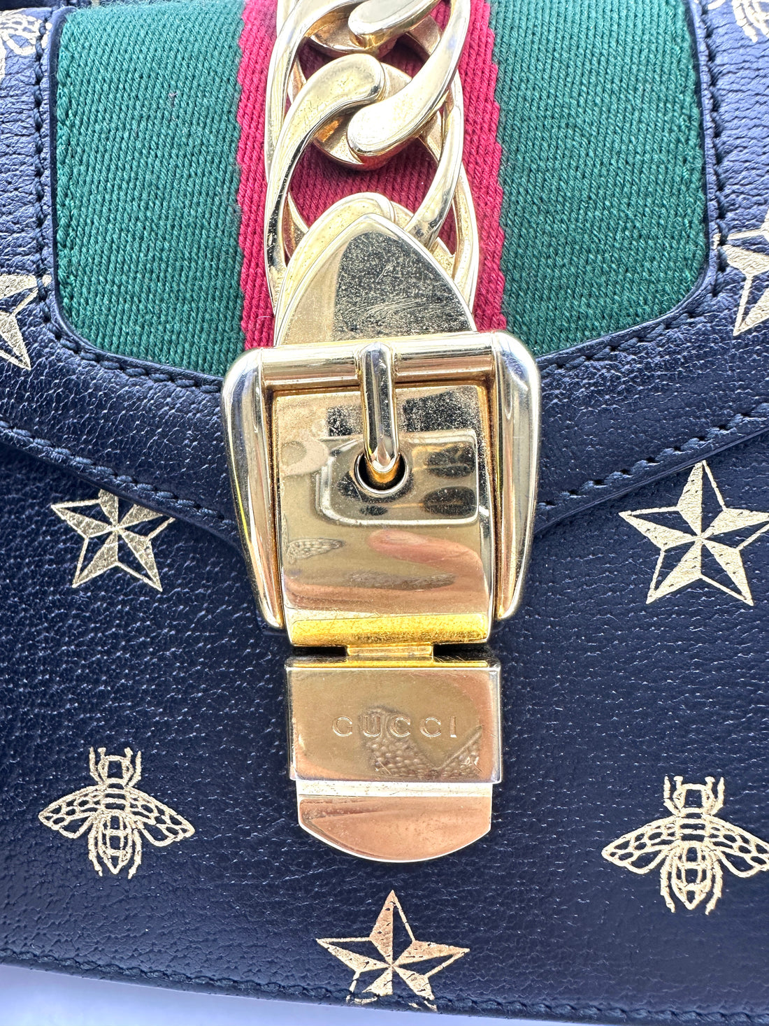 Gucci Sylvie Bee Star Black Leather Small Size Shoulder Bag IRIS180