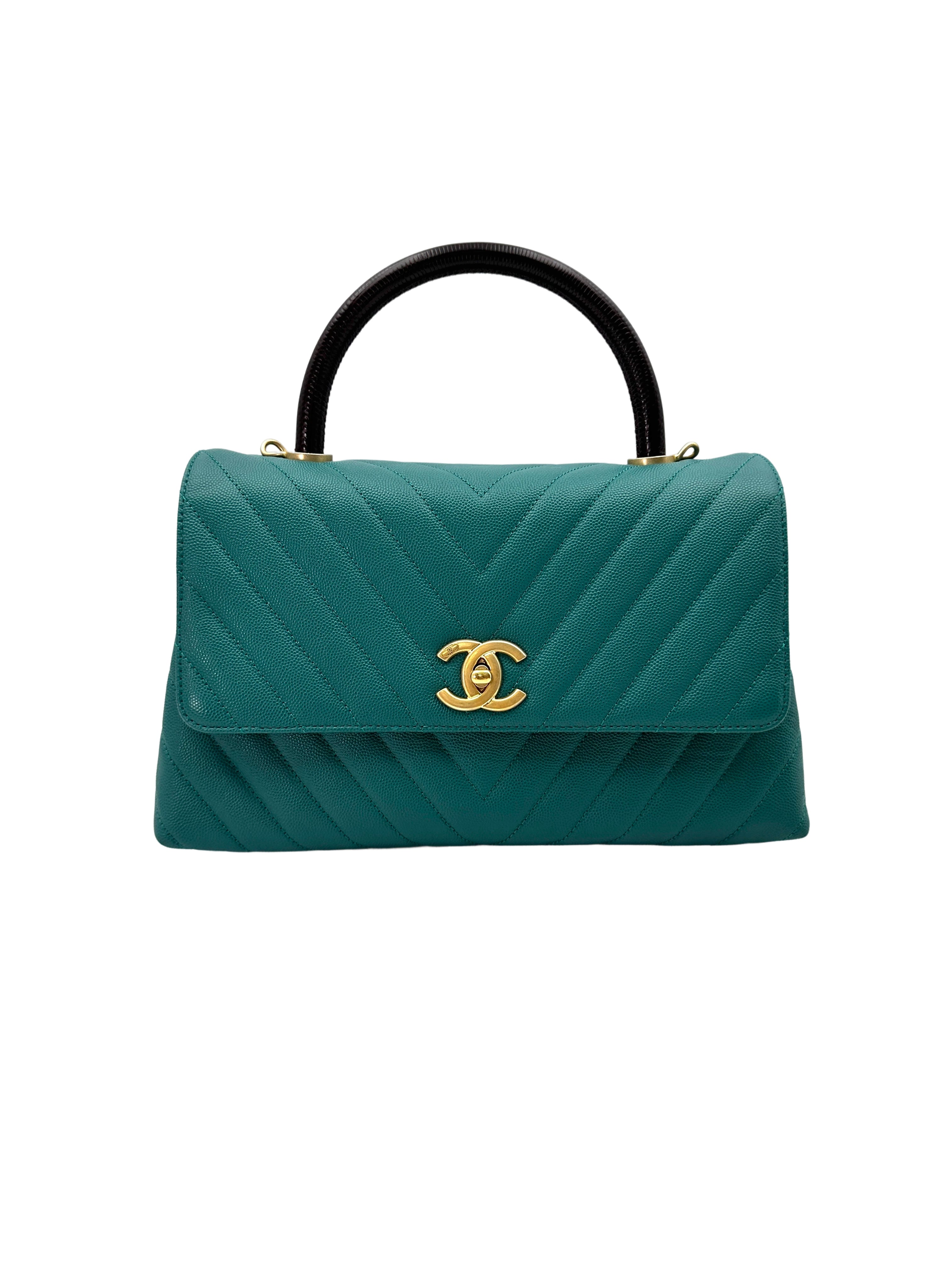 Chanel CoCo Handle Green Chevron Quilted Leather Medium Size Lizard Handle Shoulder Bag(28***84) CC1814