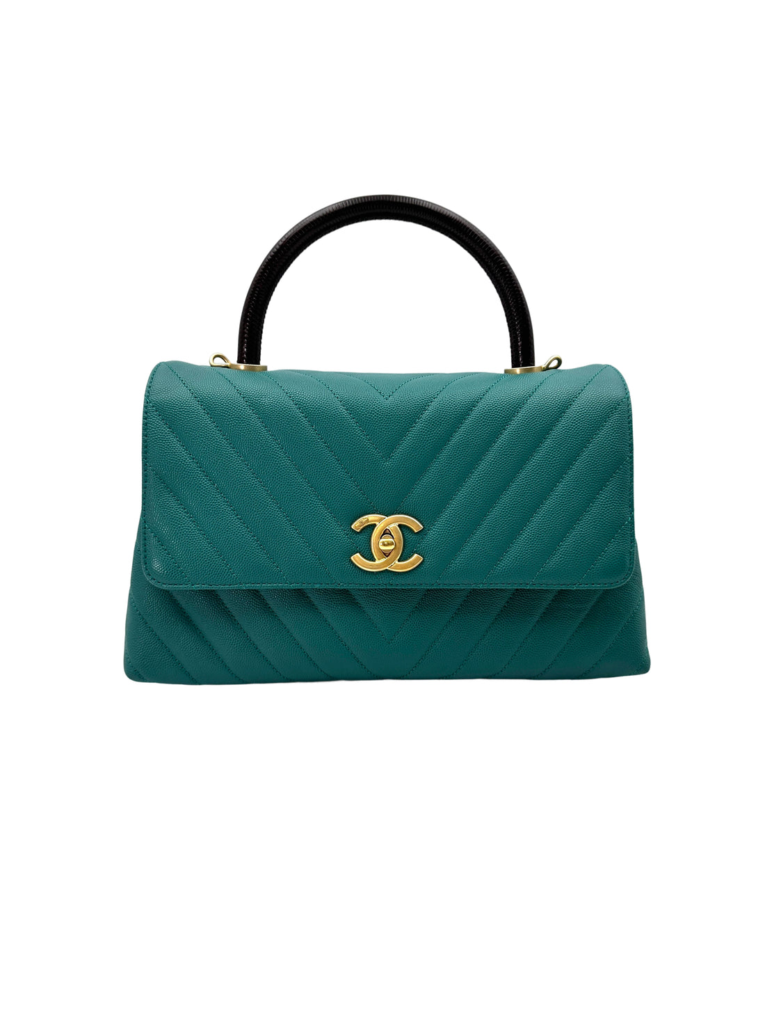 Chanel CoCo Handle Green Chevron Quilted Leather Medium Size Lizard Handle Shoulder Bag(28***84) CC1814
