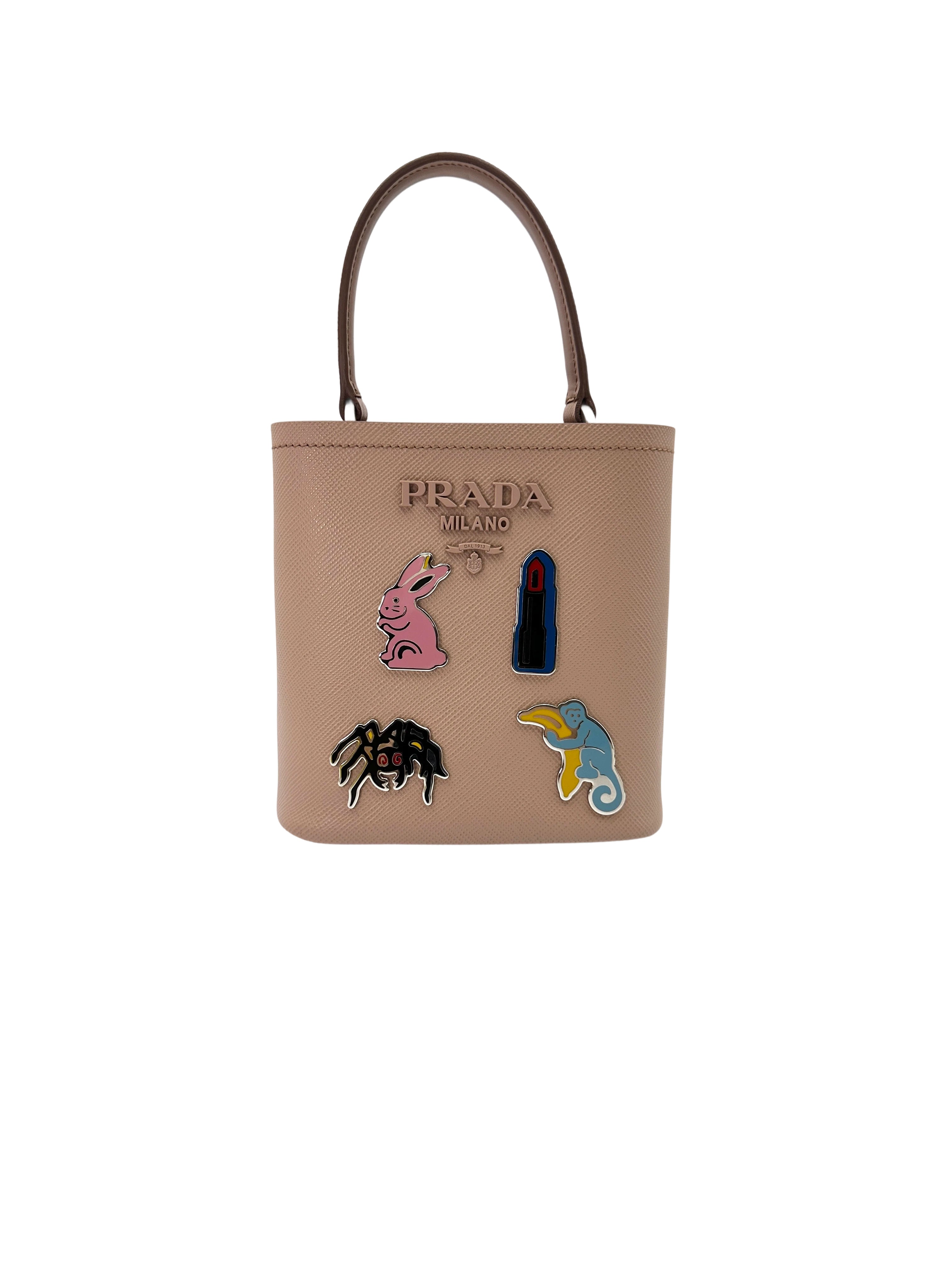 Prada Panier Beige Saffiano Leather Bucket Bag With Enamel Appliques IRIS181