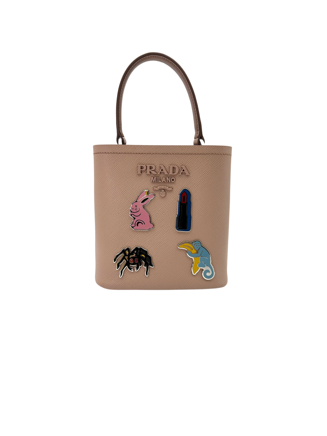 Prada Panier Beige Saffiano Leather Bucket Bag With Enamel Appliques IRIS181