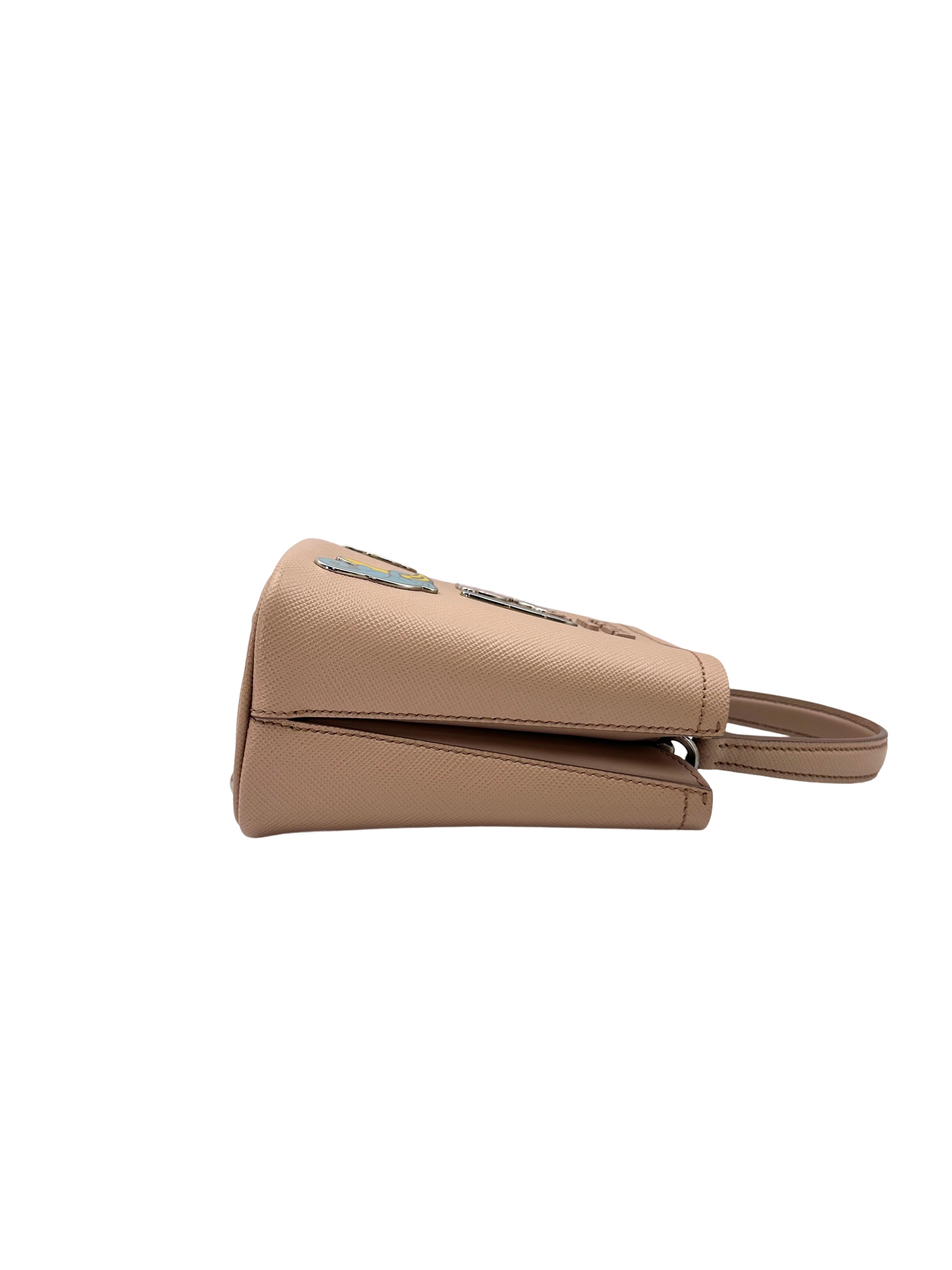 Prada Panier Beige Saffiano Leather Bucket Bag With Enamel Appliques IRIS181