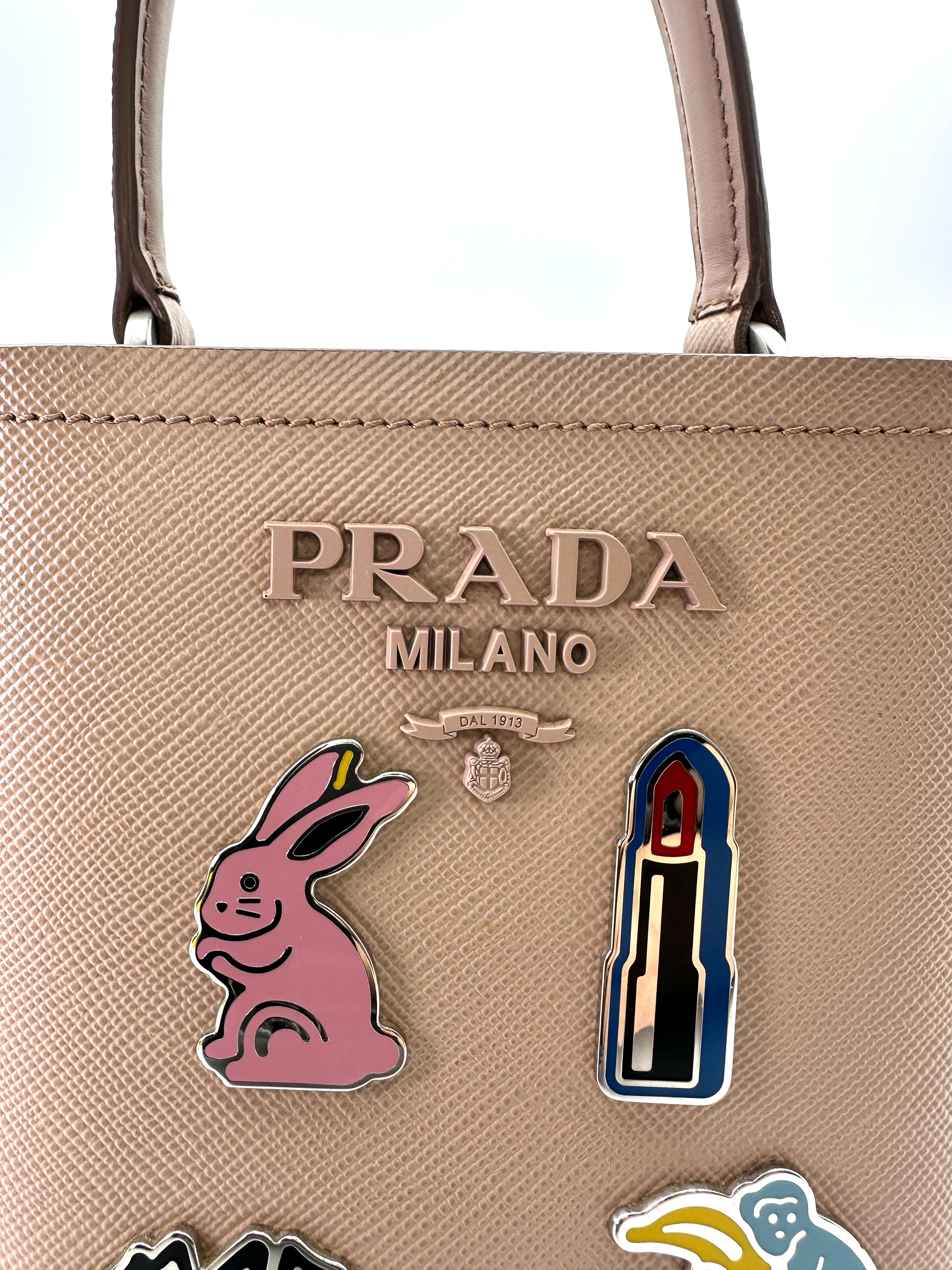 Prada Panier Beige Saffiano Leather Bucket Bag With Enamel Appliques IRIS181