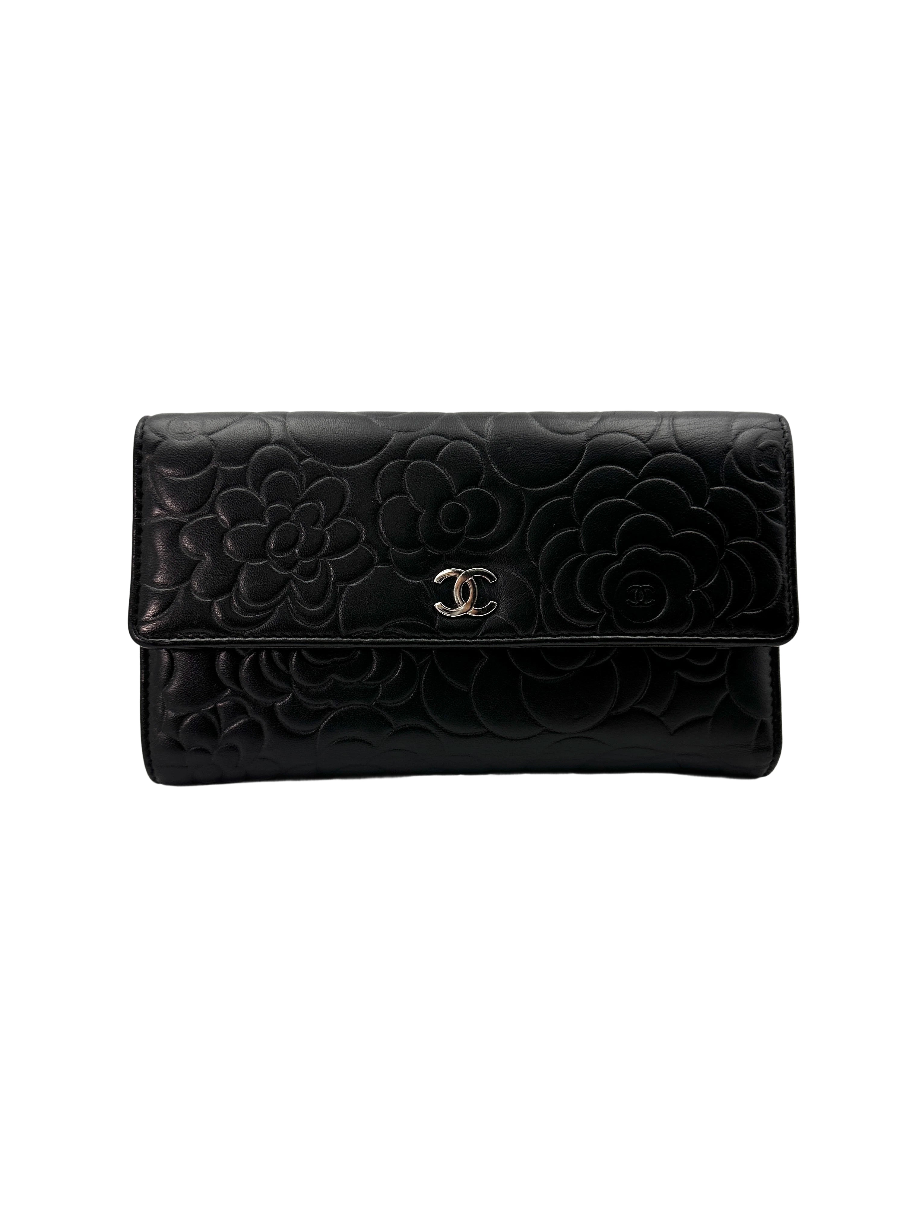 Chanel Black Camellia Embossed Leather Long Flap Wallet(16***13) CC1818