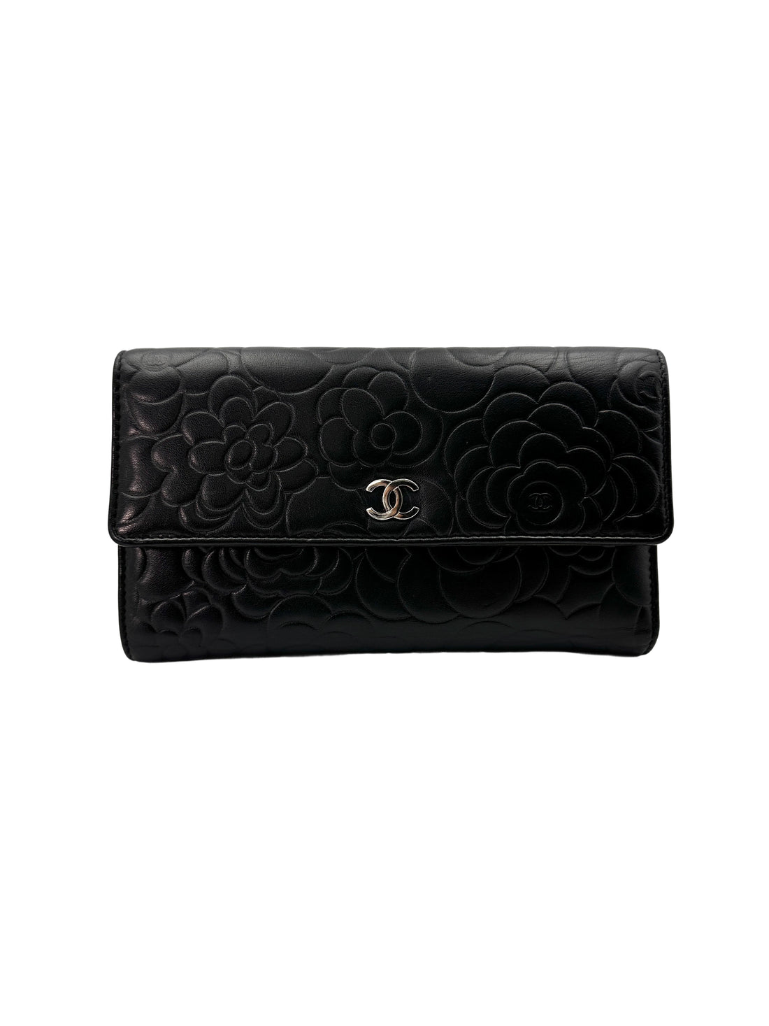 Chanel Black Camellia Embossed Leather Long Flap Wallet(16***13) CC1818