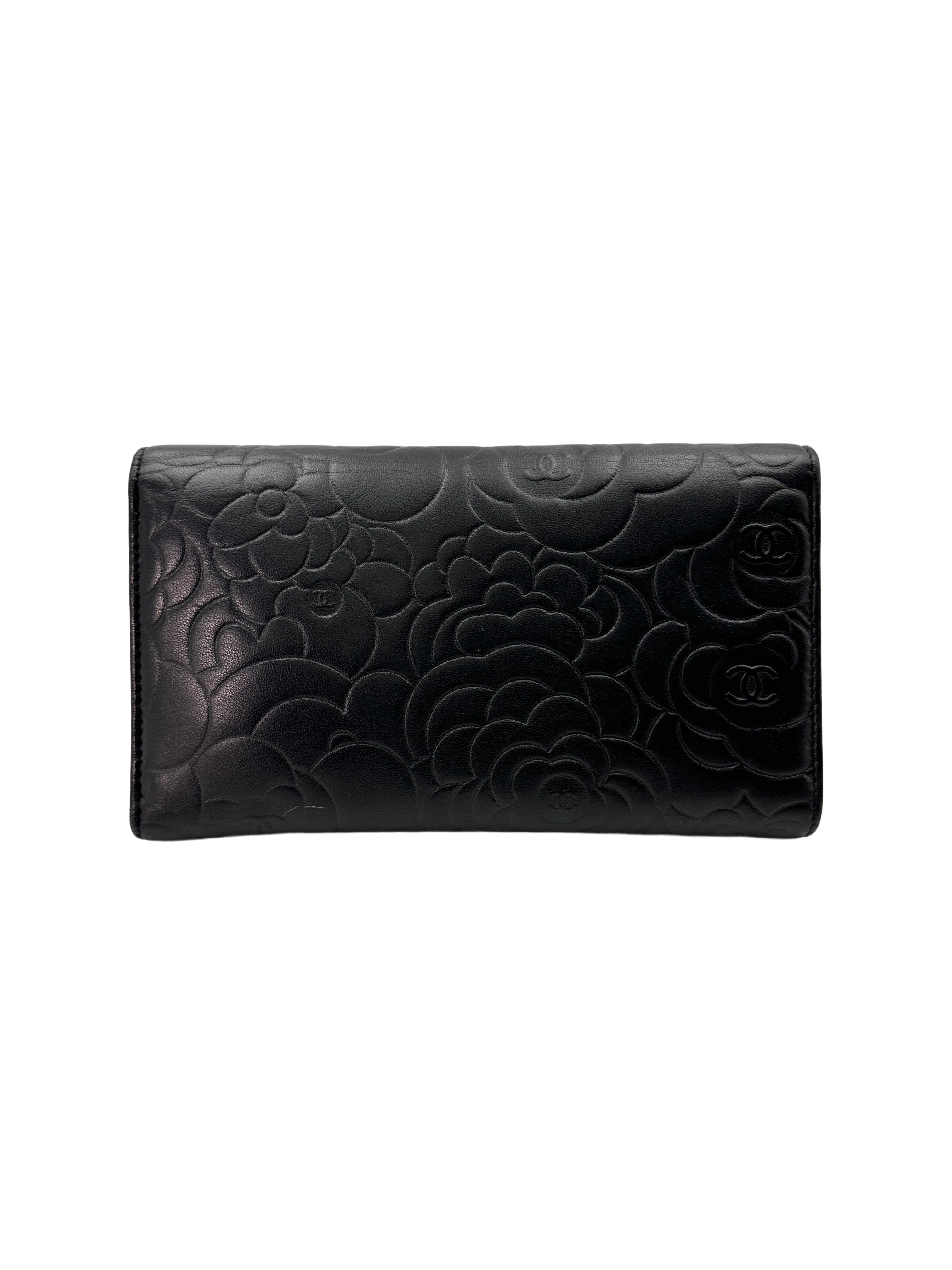 Chanel Black Camellia Embossed Leather Long Flap Wallet(16***13) CC1818