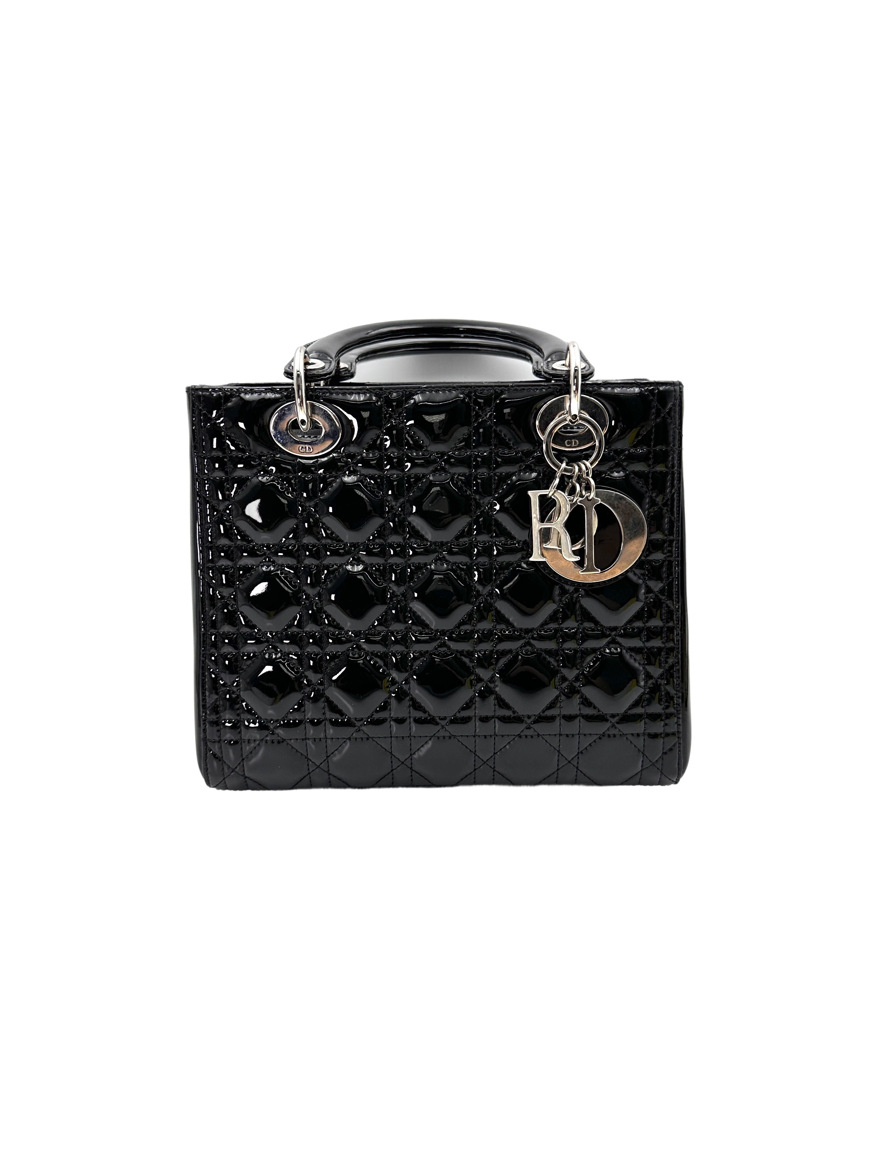 Christian Dior Lady Dior Black Cannage Patent Lambskin Handle Bag With Silver Charms DR684