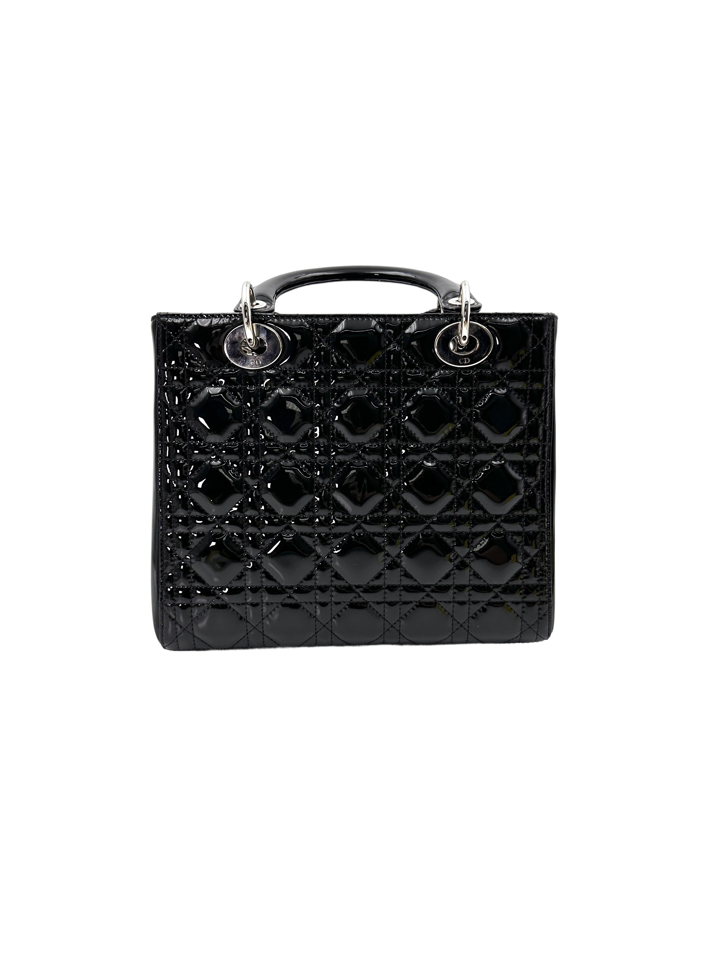 Christian Dior Lady Dior Black Cannage Patent Lambskin Handle Bag With Silver Charms DR684
