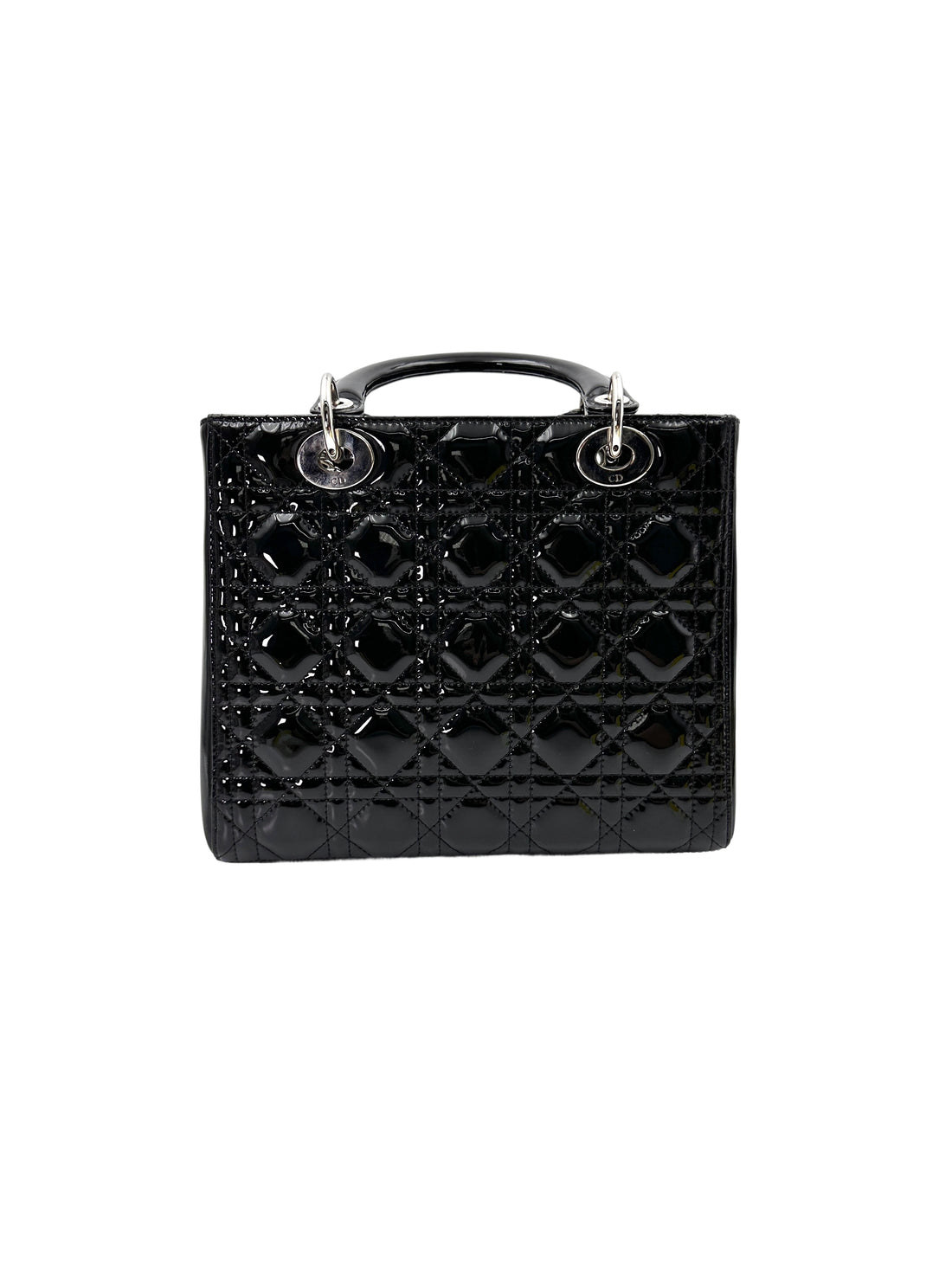 Christian Dior Lady Dior Black Cannage Patent Lambskin Handle Bag With Silver Charms DR684