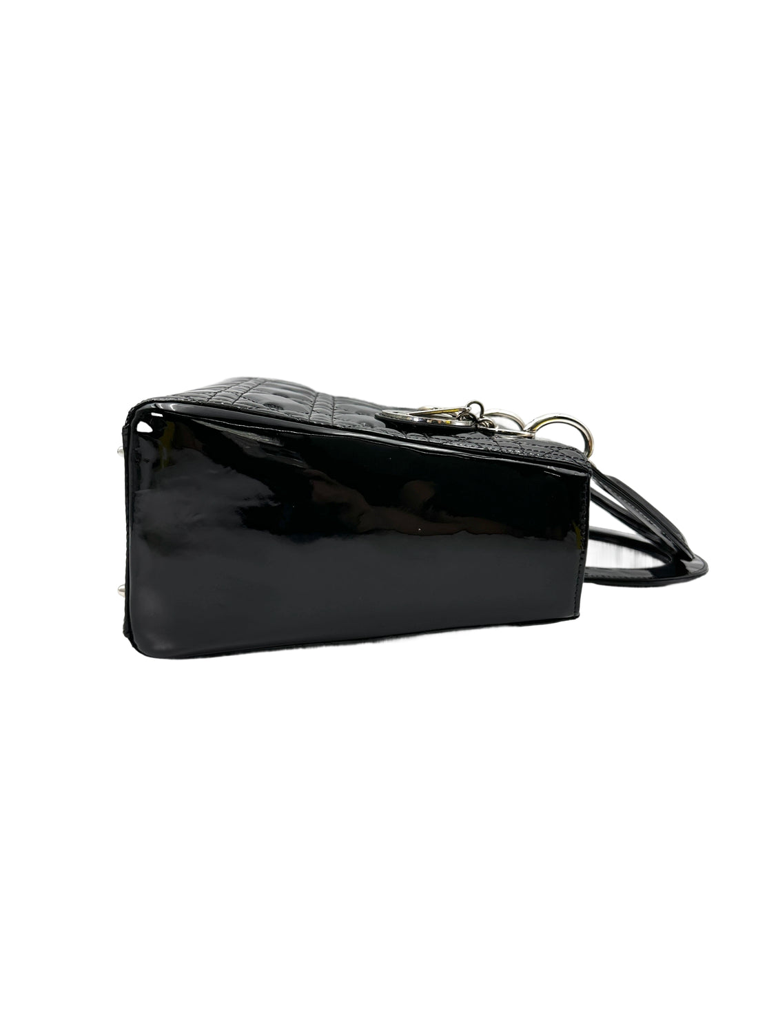 Christian Dior Lady Dior Black Cannage Patent Lambskin Handle Bag With Silver Charms DR684