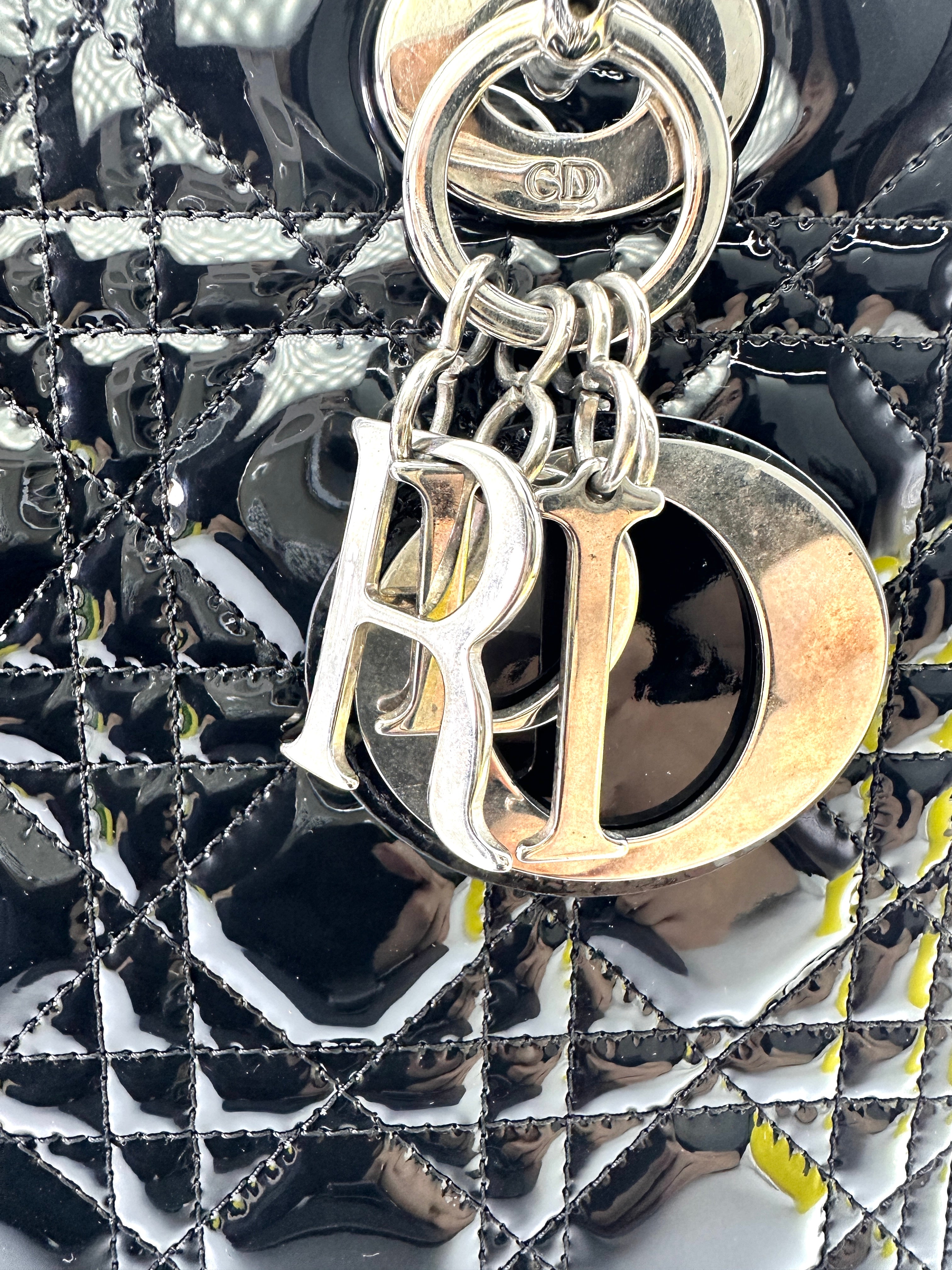 Christian Dior Lady Dior Black Cannage Patent Lambskin Handle Bag With Silver Charms DR684