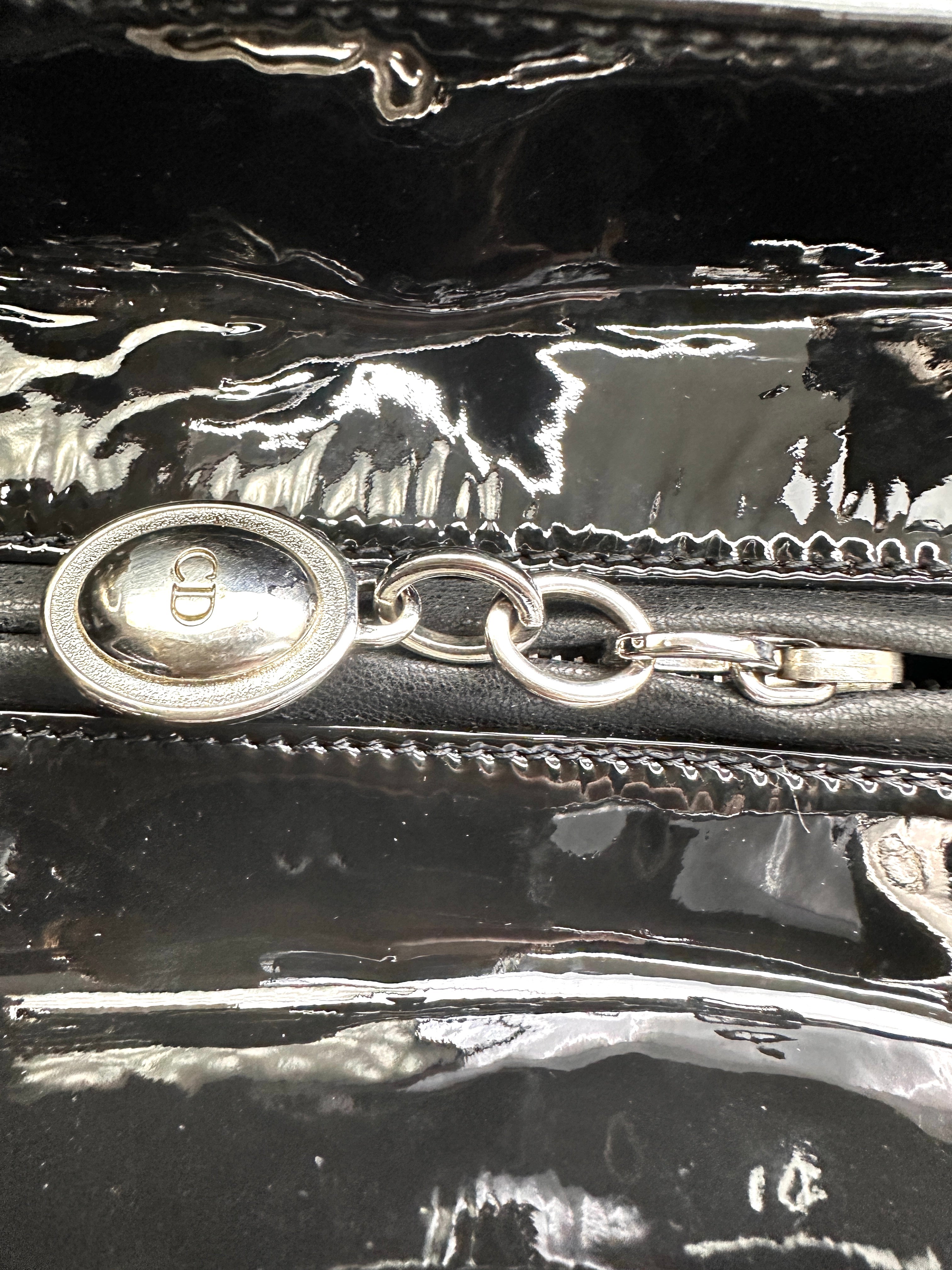 Christian Dior Lady Dior Black Cannage Patent Lambskin Handle Bag With Silver Charms DR684