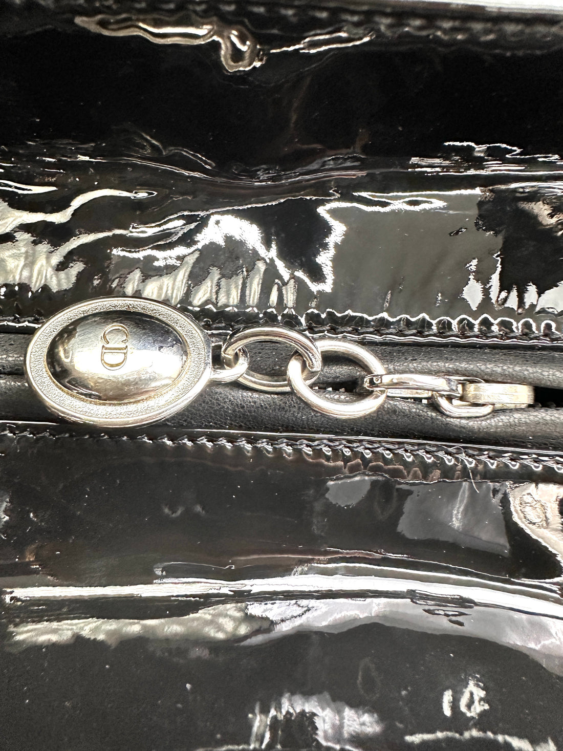 Christian Dior Lady Dior Black Cannage Patent Lambskin Handle Bag With Silver Charms DR684