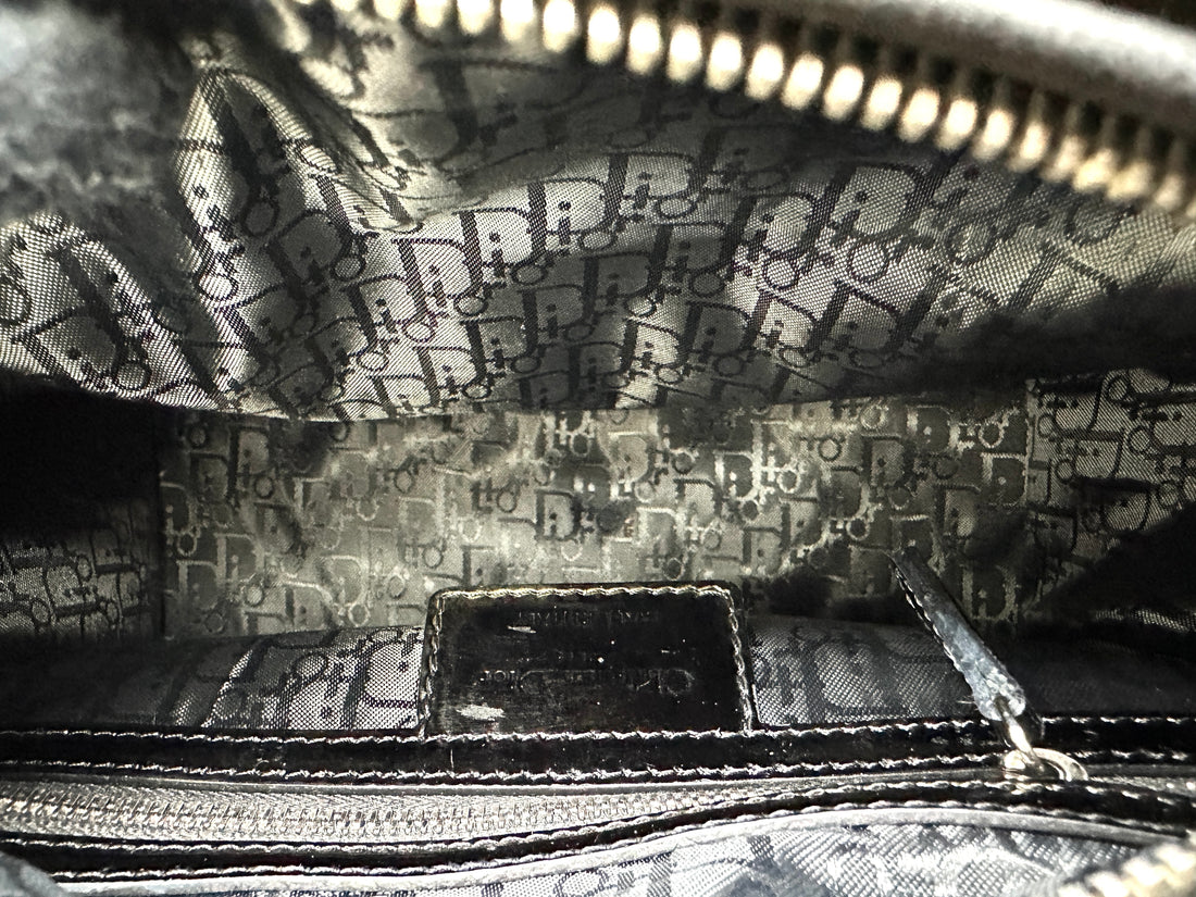 Christian Dior Lady Dior Black Cannage Patent Lambskin Handle Bag With Silver Charms DR684