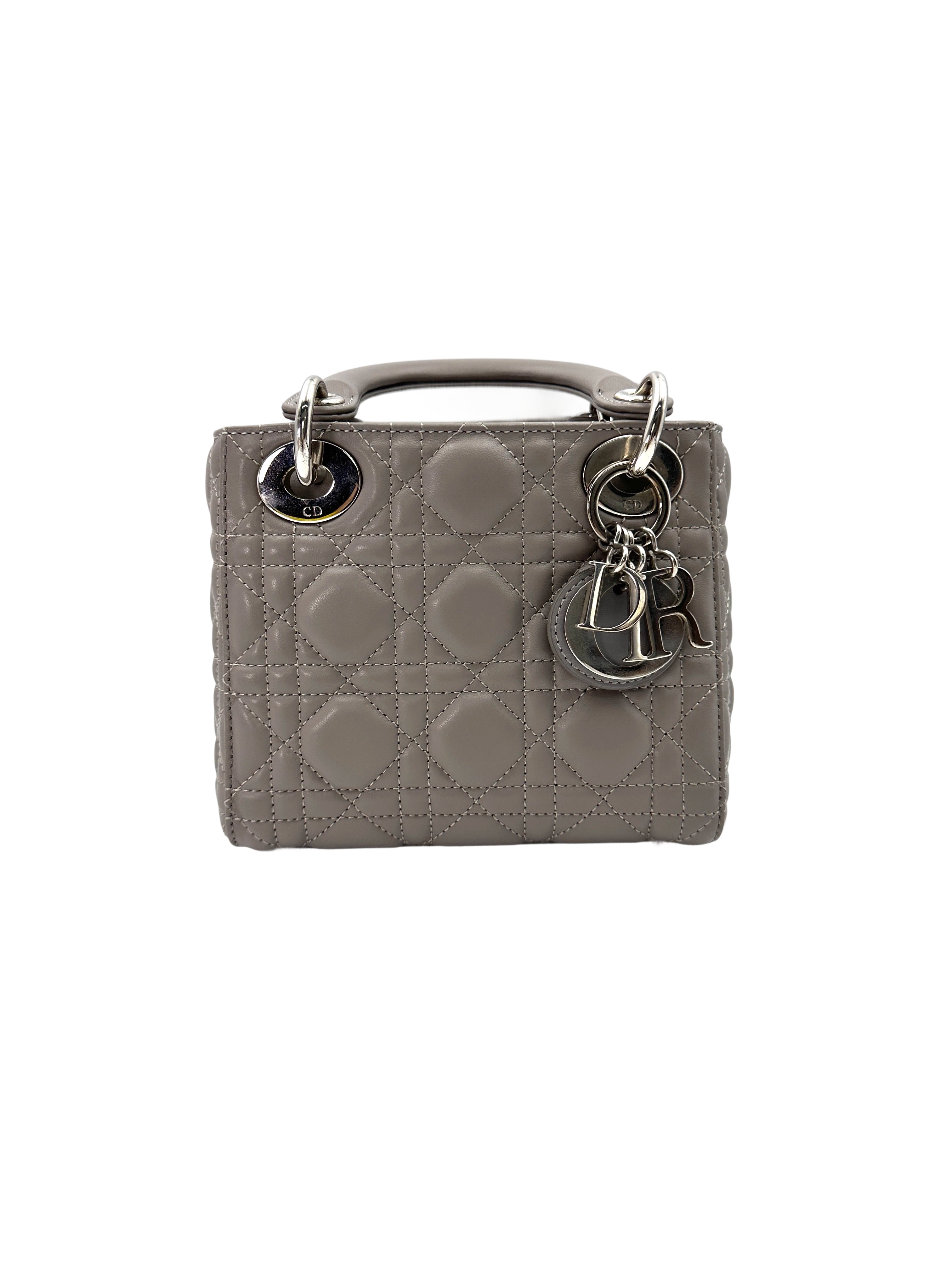 Christian Dior Lady Dior Grey Cannage Lambskin Handle Bag With Silver Charms DR682