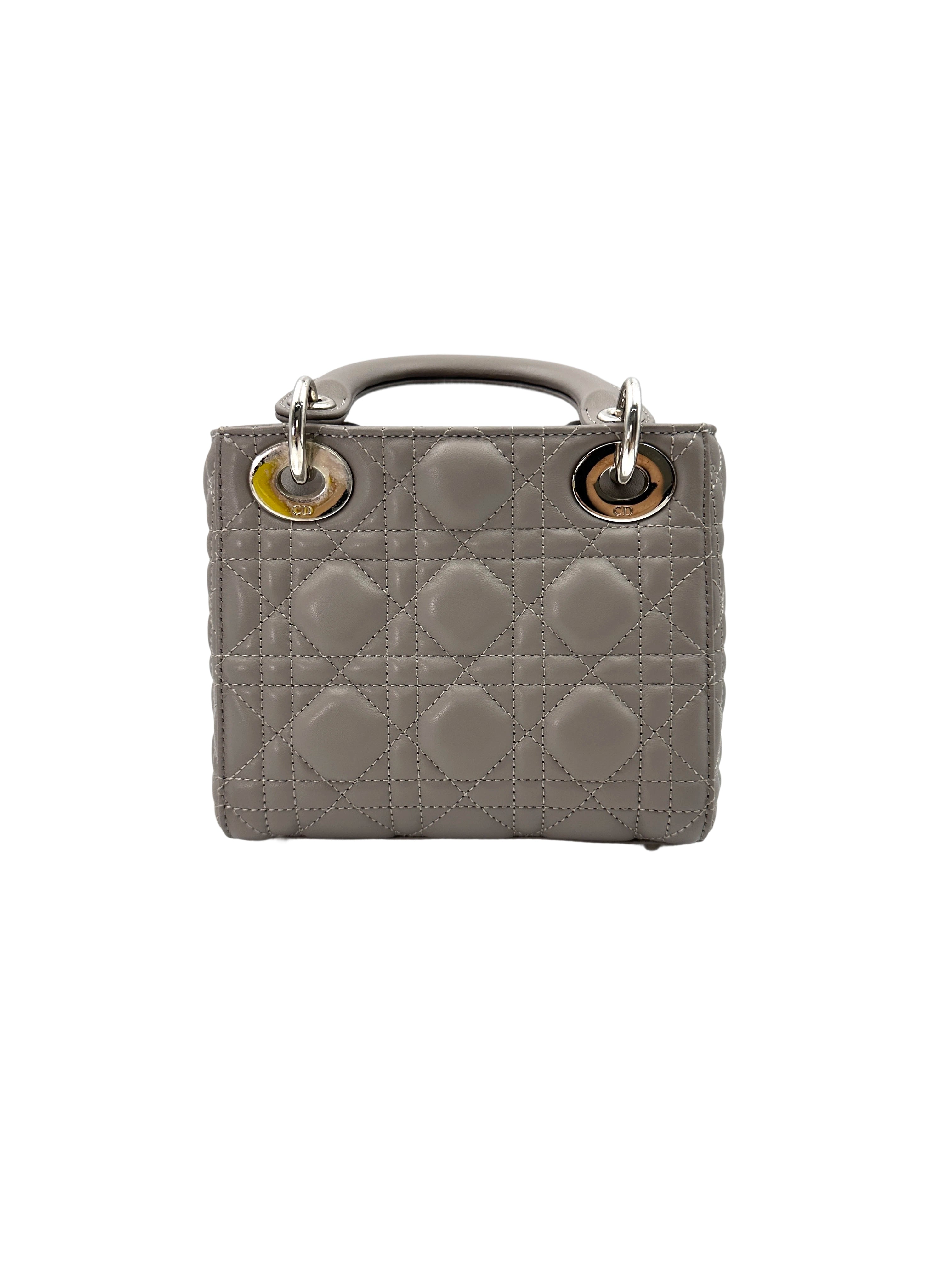 Christian Dior Lady Dior Grey Cannage Lambskin Handle Bag With Silver Charms DR682