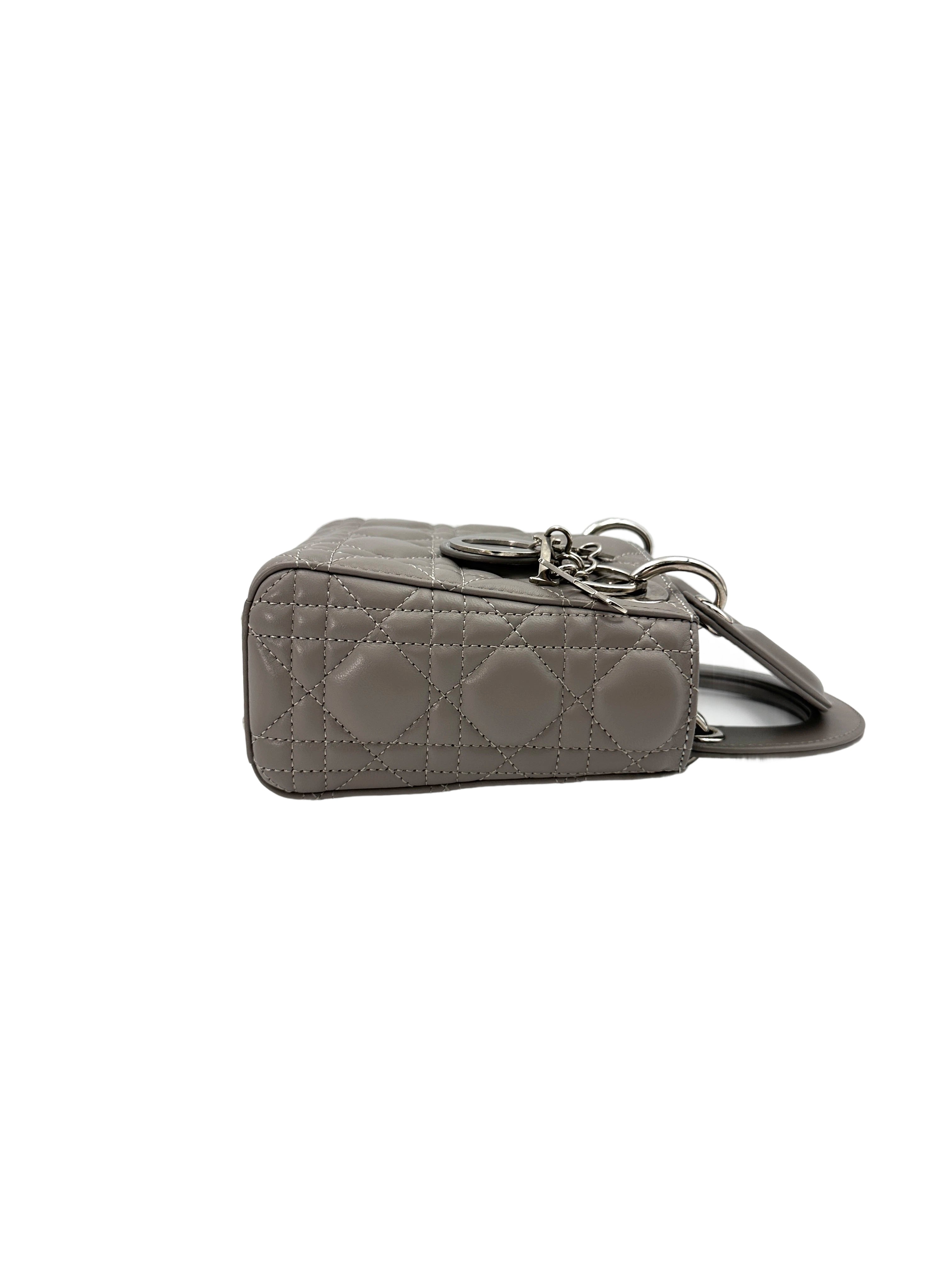 Christian Dior Lady Dior Grey Cannage Lambskin Handle Bag With Silver Charms DR682