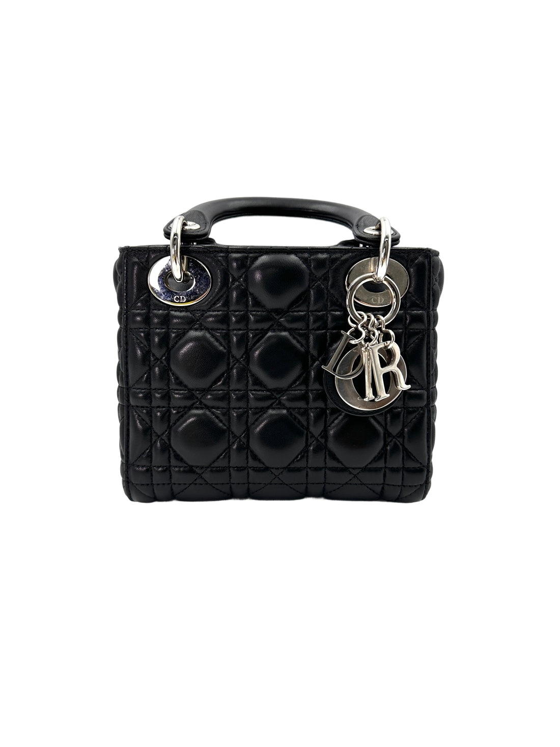 Christian Dior Lady Dior Black Cannage Lambskin Handle Bag With Silver Charms DR683