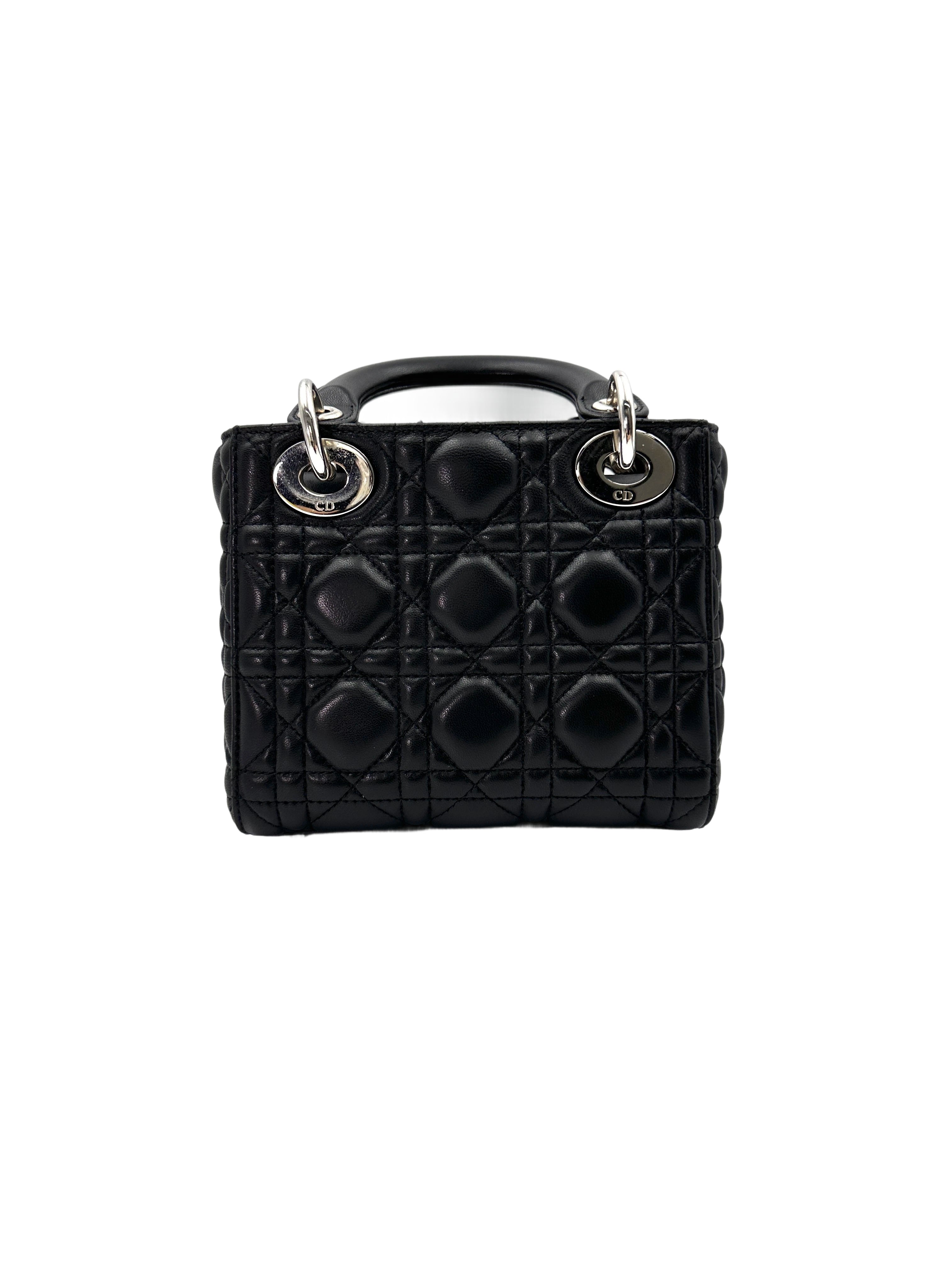 Christian Dior Lady Dior Black Cannage Lambskin Handle Bag With Silver Charms DR683