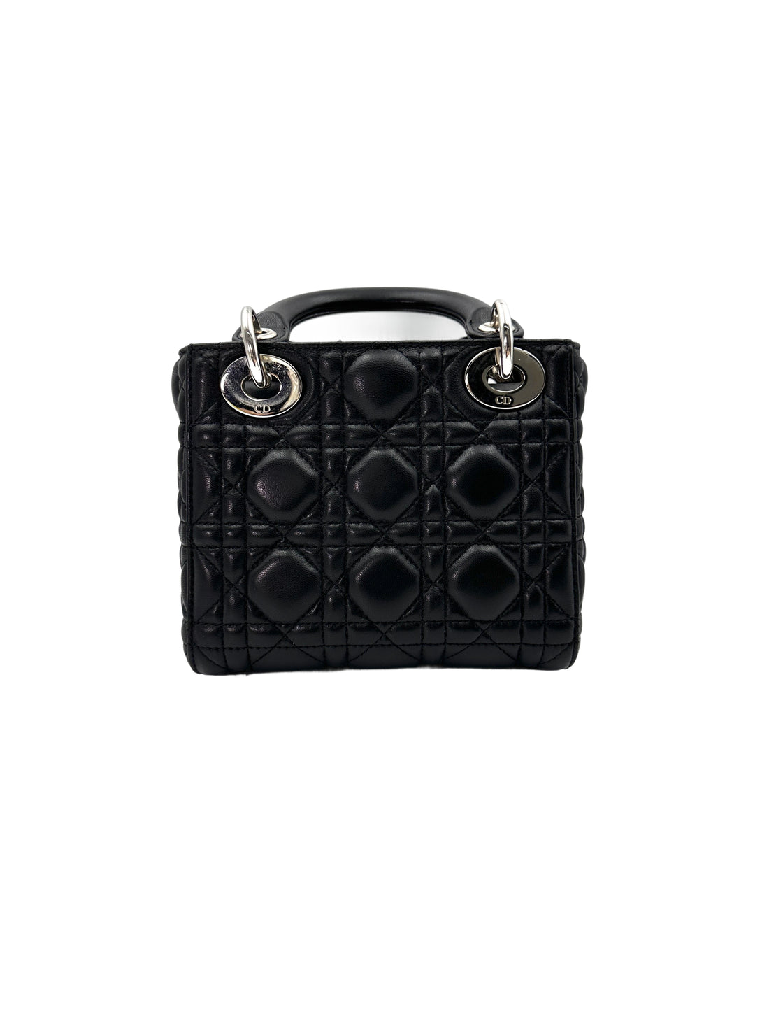 Christian Dior Lady Dior Black Cannage Lambskin Handle Bag With Silver Charms DR683