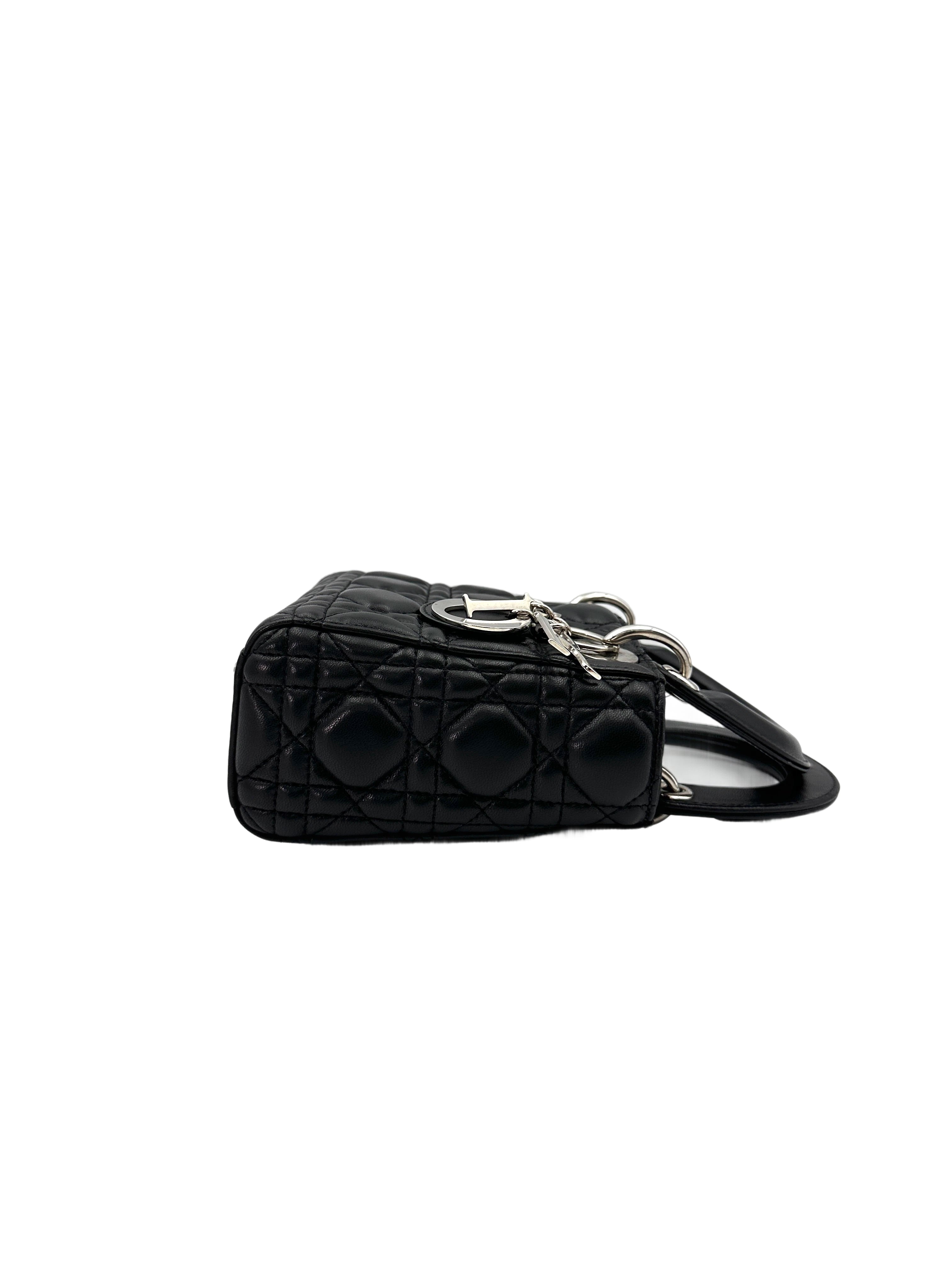 Christian Dior Lady Dior Black Cannage Lambskin Handle Bag With Silver Charms DR683