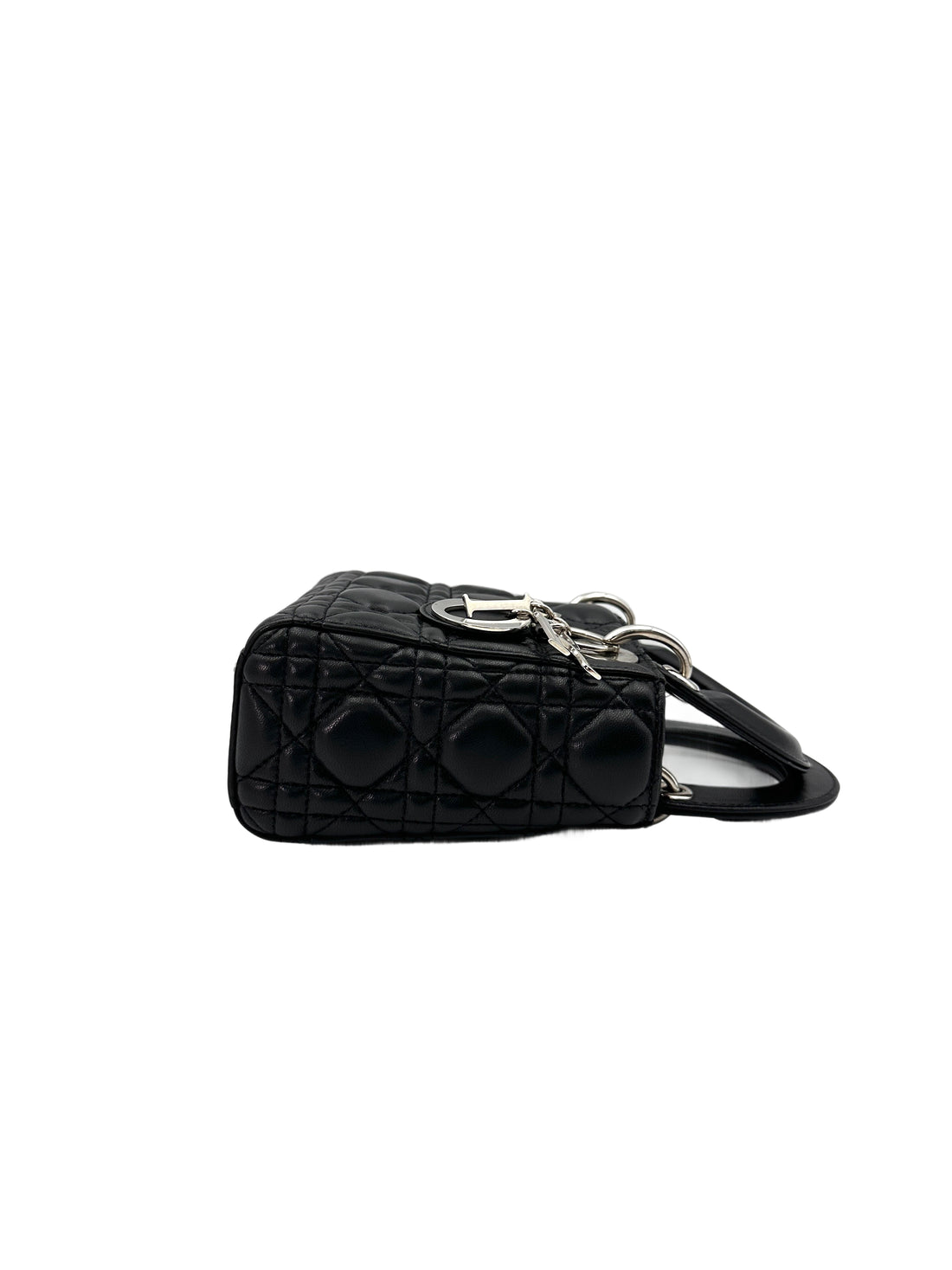 Christian Dior Lady Dior Black Cannage Lambskin Handle Bag With Silver Charms DR683