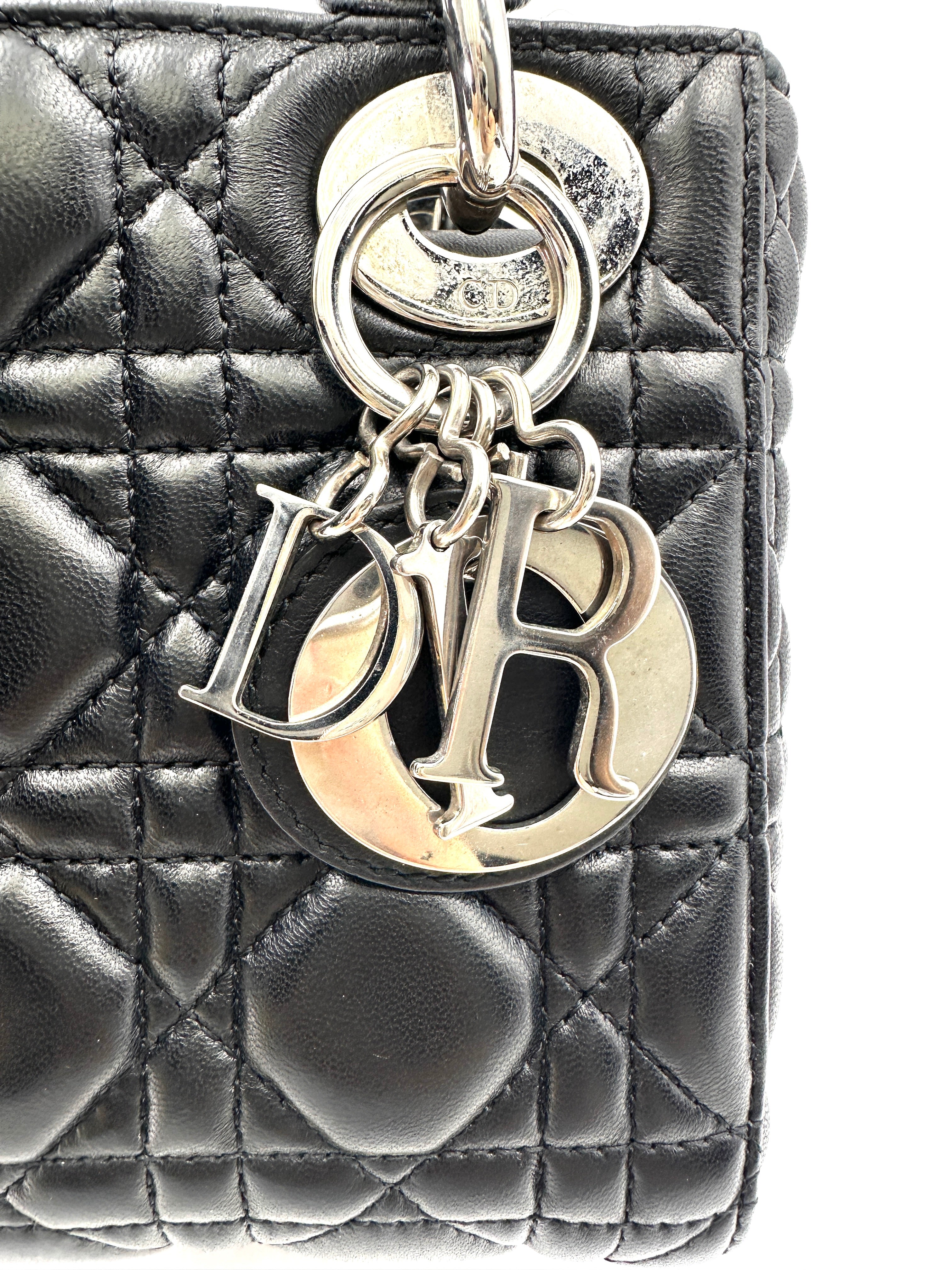 Christian Dior Lady Dior Black Cannage Lambskin Handle Bag With Silver Charms DR683